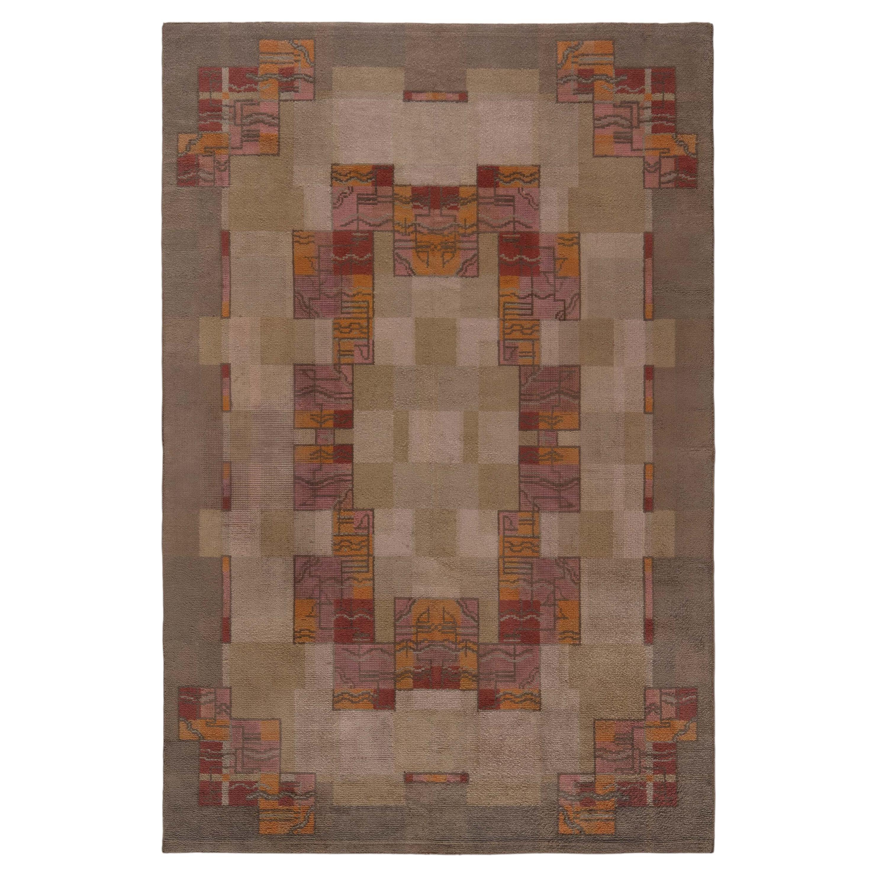 Doris Leslie Blau – Vintage-Teppich im französischen Art-déco-Stil, geometrisches Muster, klassisch, taupefarben