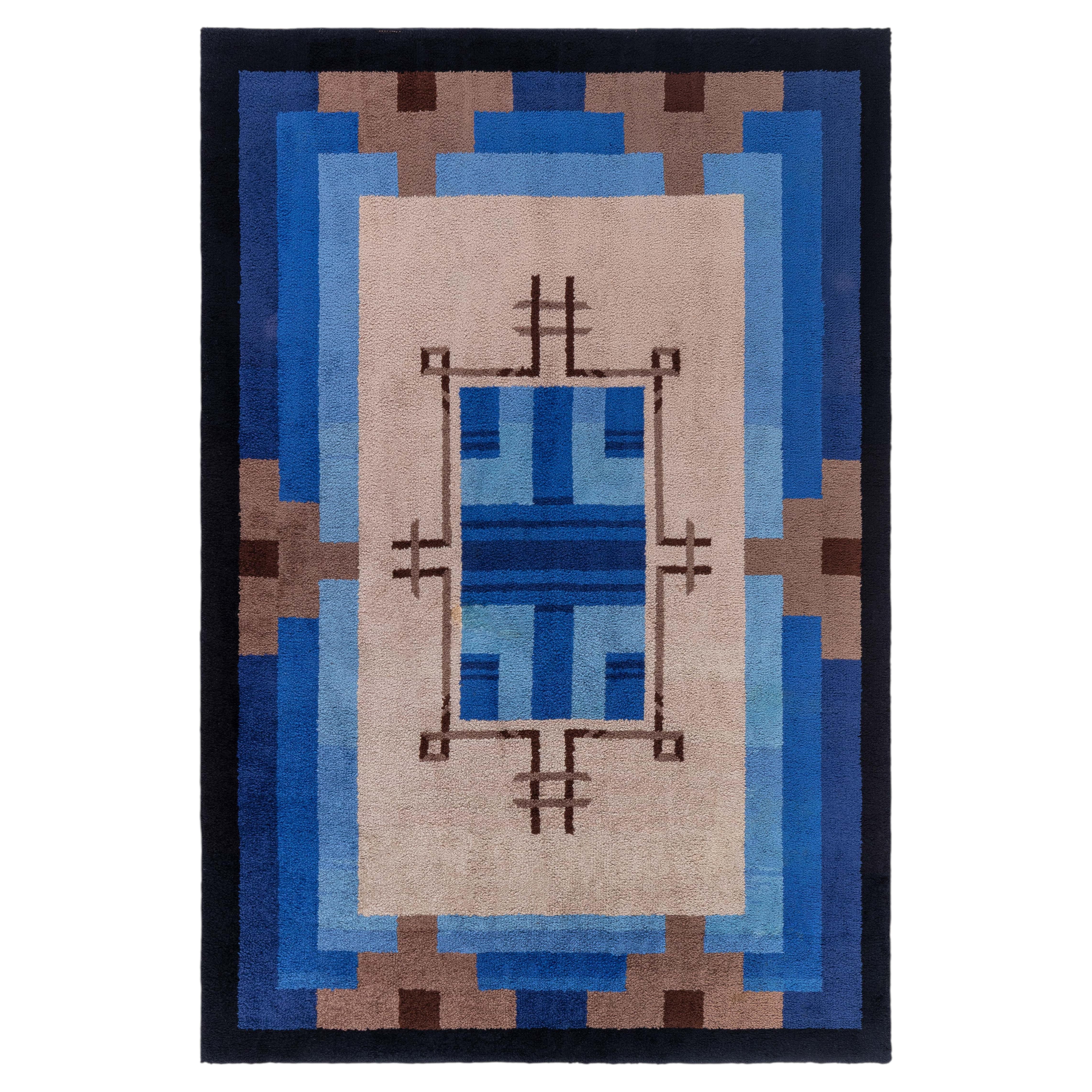 Doris Leslie Blau Vintage French Art Deco Geometric Warm Tan Hand-Knotted Rug