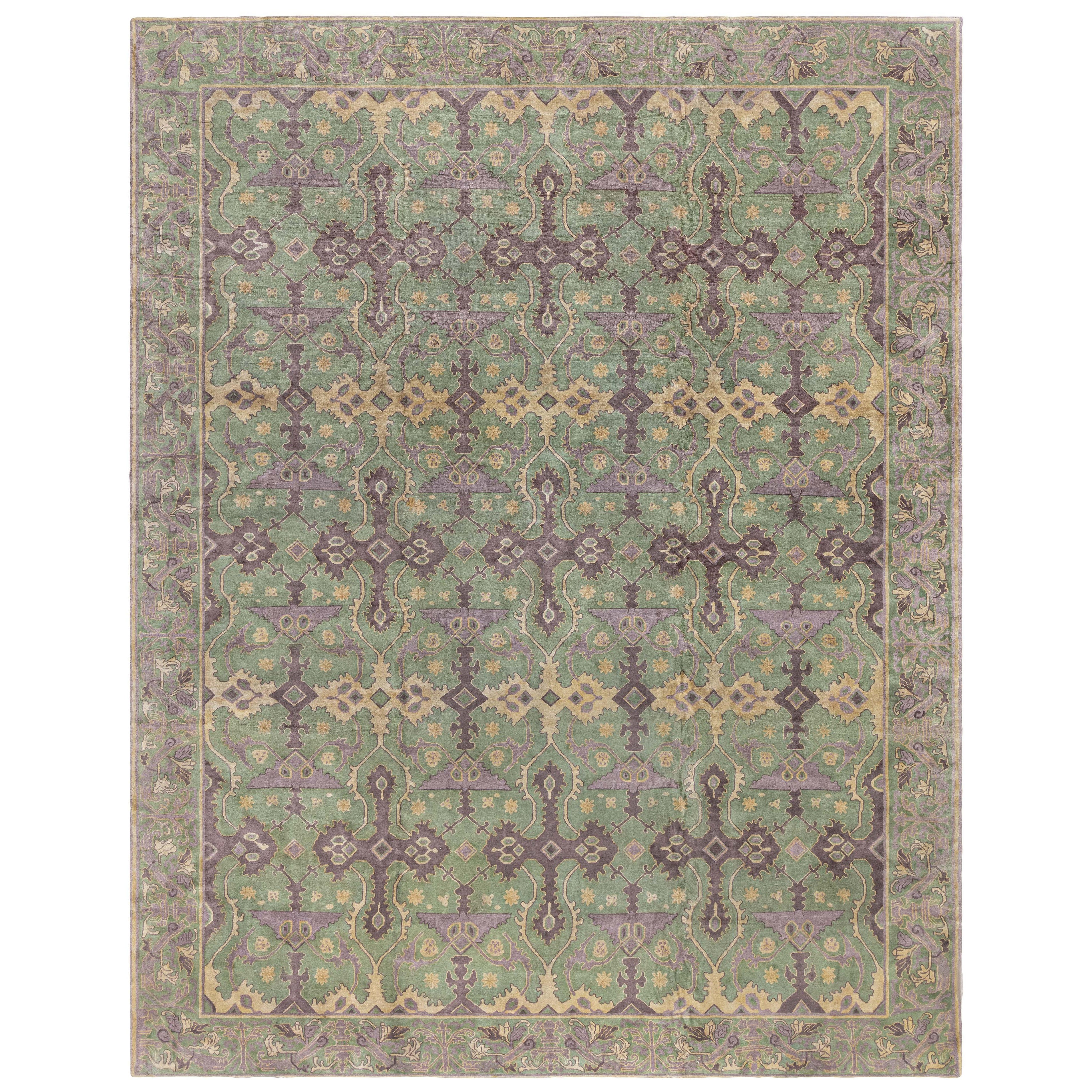 Doris Leslie Blauer geometrischer chinesischer handgefertigter Vintage-Wollteppich in Blau im Angebot