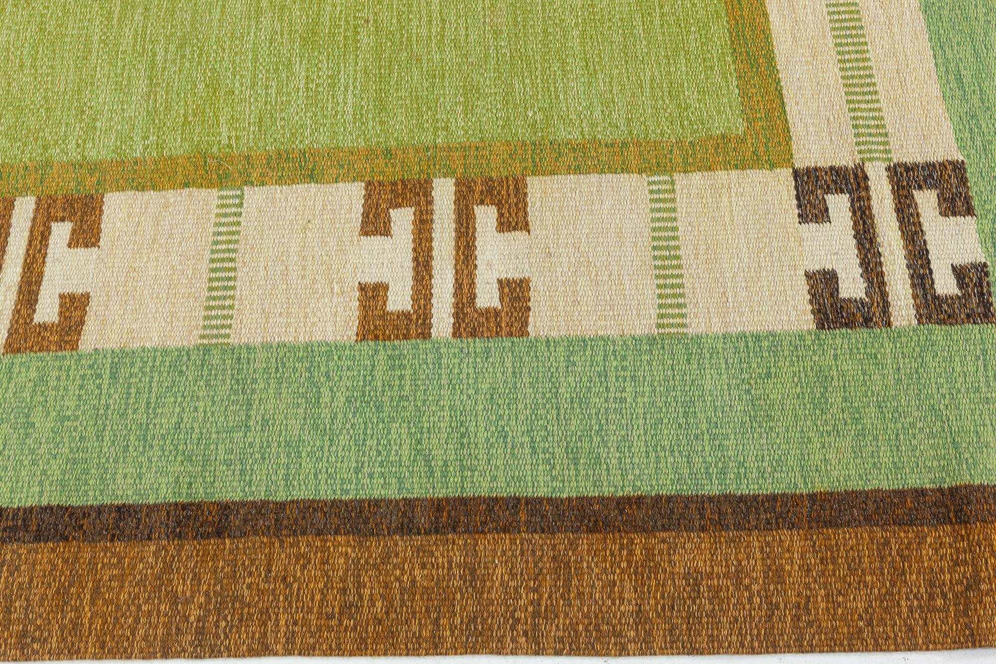 Scandinavian Doris Leslie Blau Vintage Green Flat-weave Rug by Ingegerd Silow For Sale