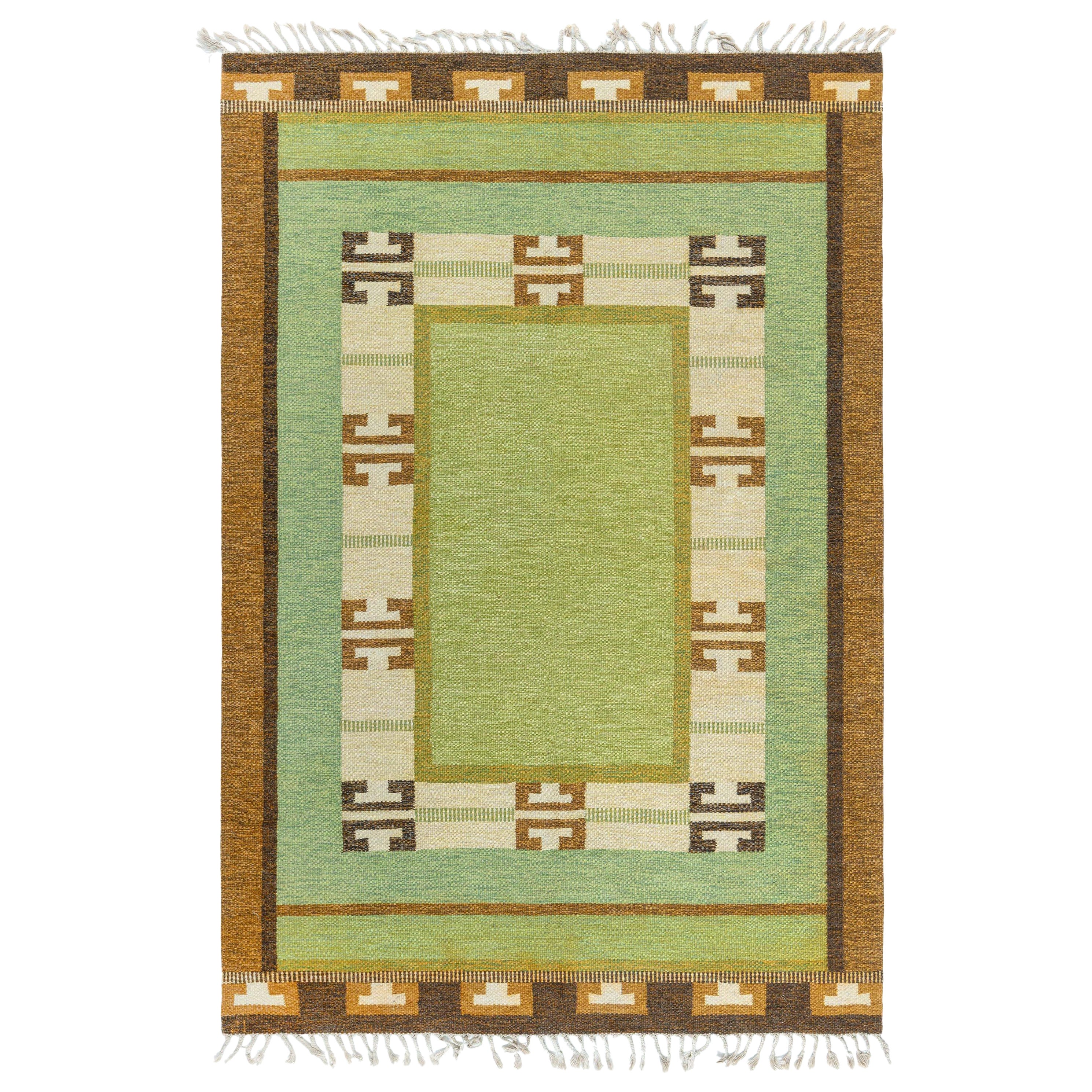 Tapis vert vintage Doris Leslie Blau tissé à plat par Ingegerd Silow