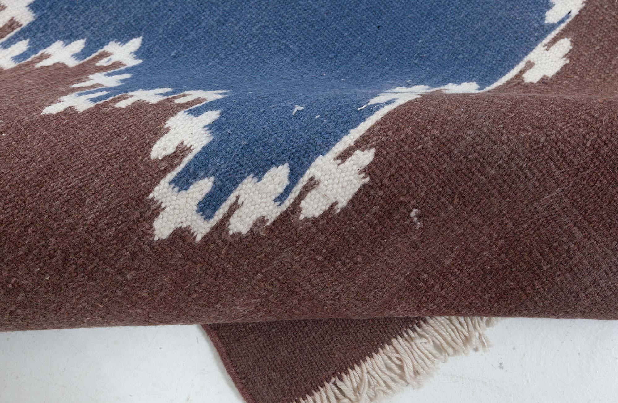 Hand-Woven Doris Leslie Blau Vintage Indian Dhurrie Blue Brown Runner For Sale