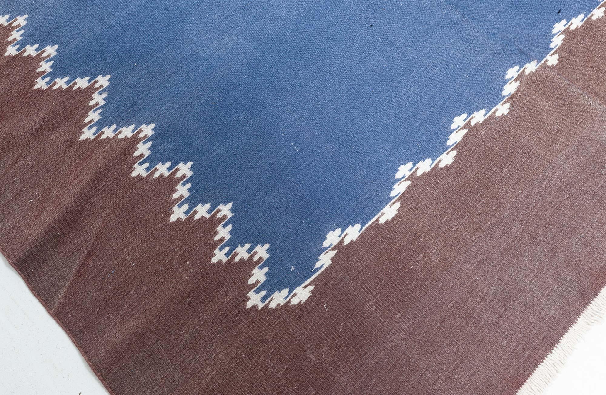 20th Century Doris Leslie Blau Vintage Indian Dhurrie Blue Brown Runner For Sale