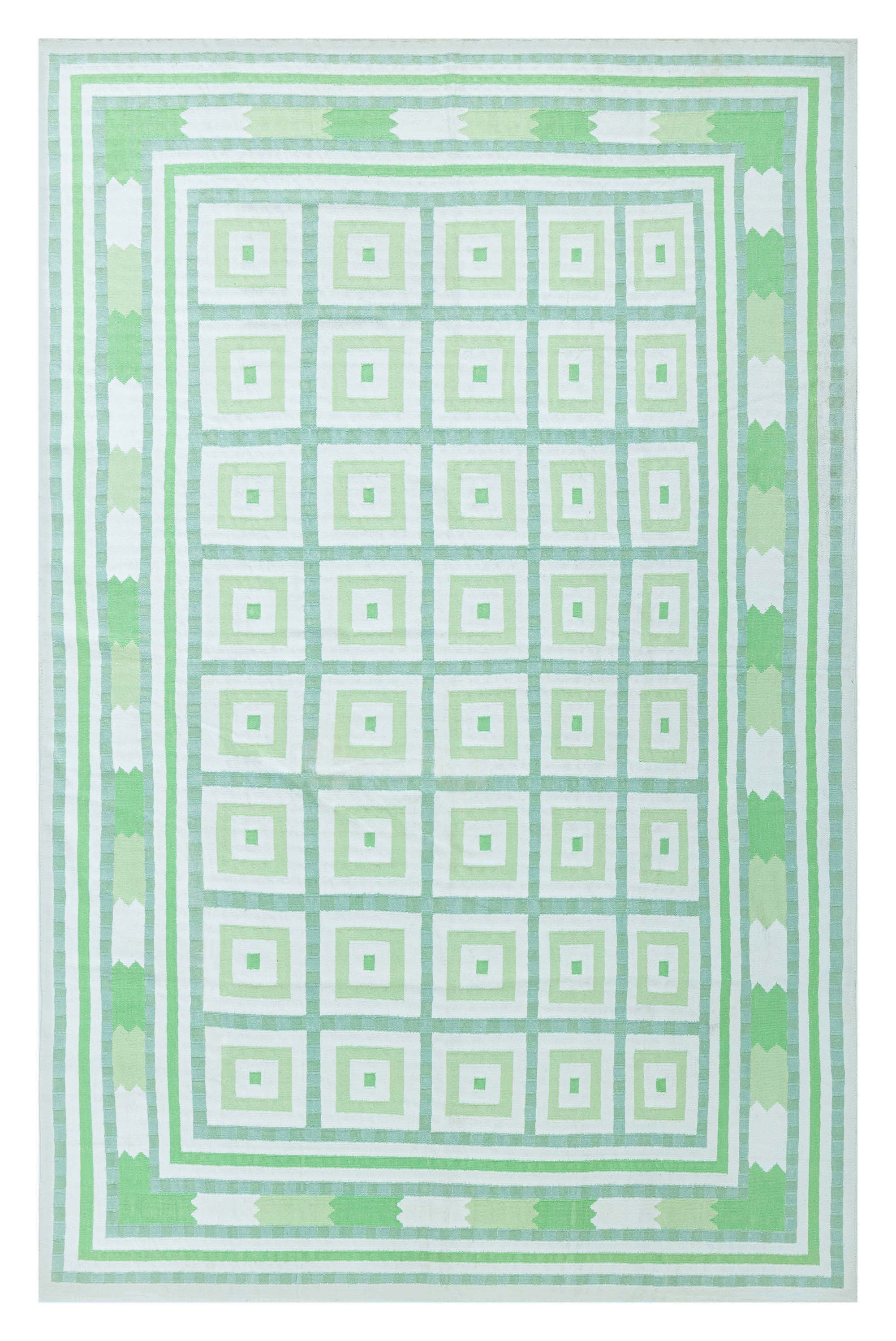 Tapis vintage indien Dhurrie vert beige Doris Leslie Blau en vente