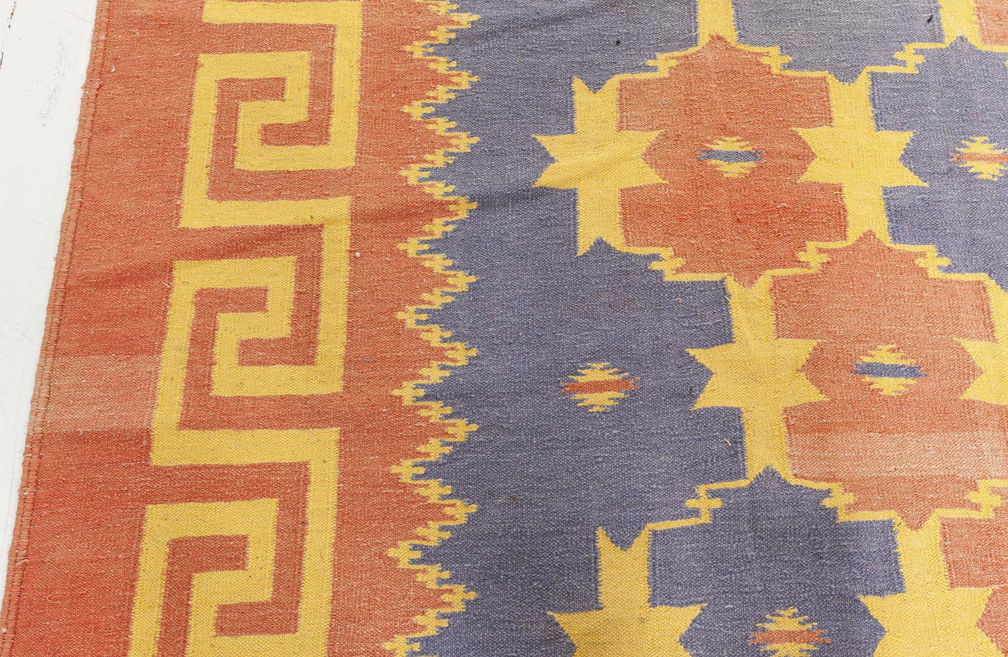 Doris Leslie Blauer indischer Dhurrie-Teppich im Vintage-Stil im Zustand „Gut“ im Angebot in New York, NY