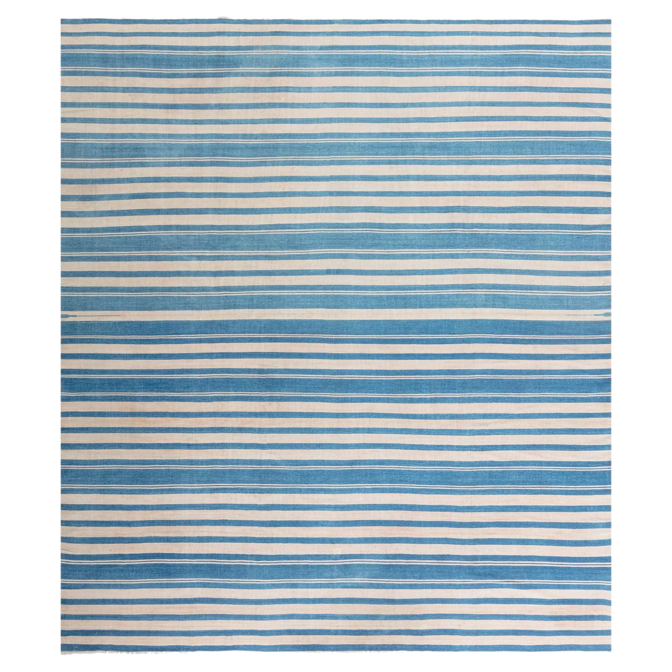 Alfombra vintage india «Dhurrie» de Doris Leslie Blau, de algodón, tejida a mano con rayas azules