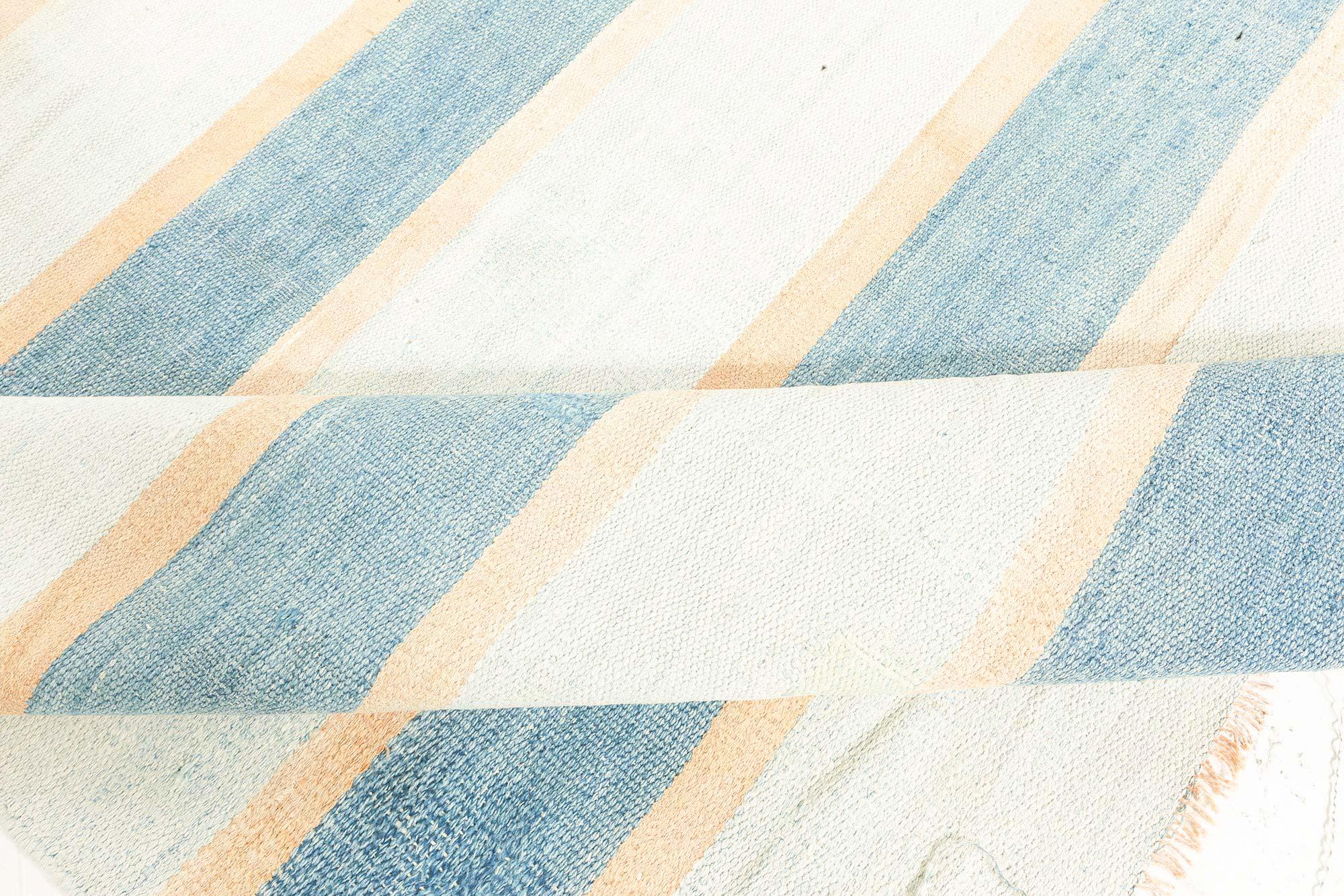 Vintage Indian Dhurrie Striped Blue Beige Ivory Rug
Size: 6'10