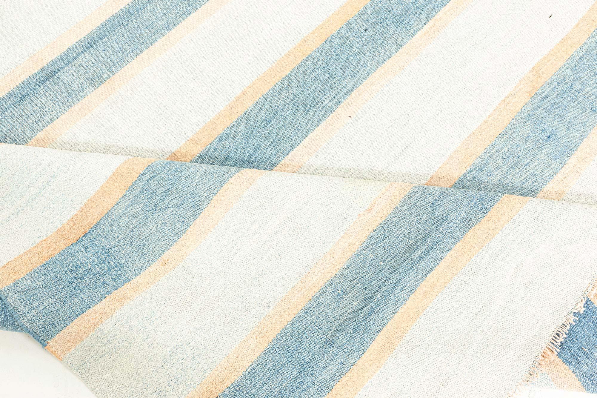 Mid-Century Modern Doris Leslie Blau Vintage Indian Dhurrie Striped Blue Beige Ivory Rug For Sale