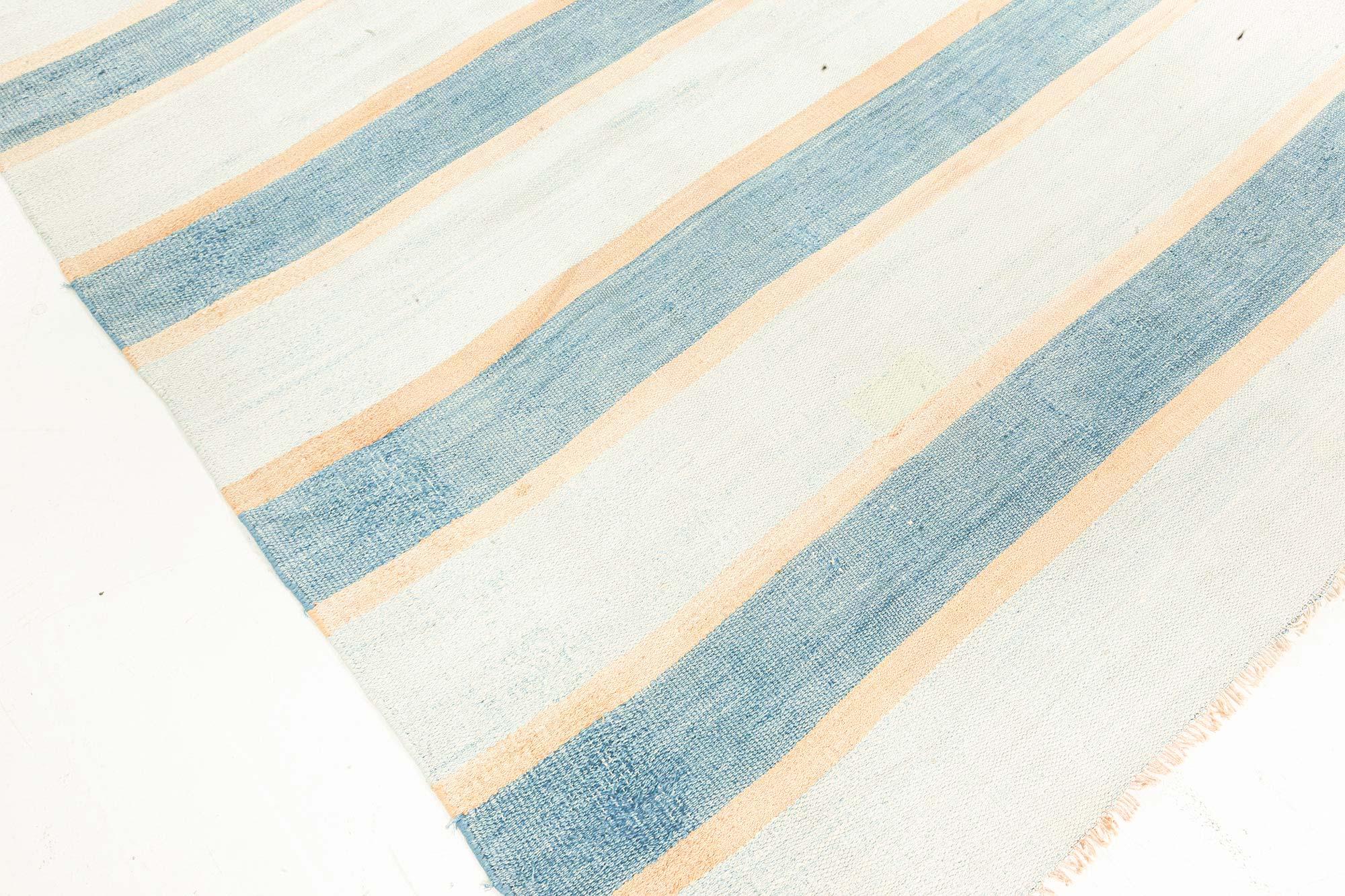 Hand-Woven Doris Leslie Blau Vintage Indian Dhurrie Striped Blue Beige Ivory Rug For Sale