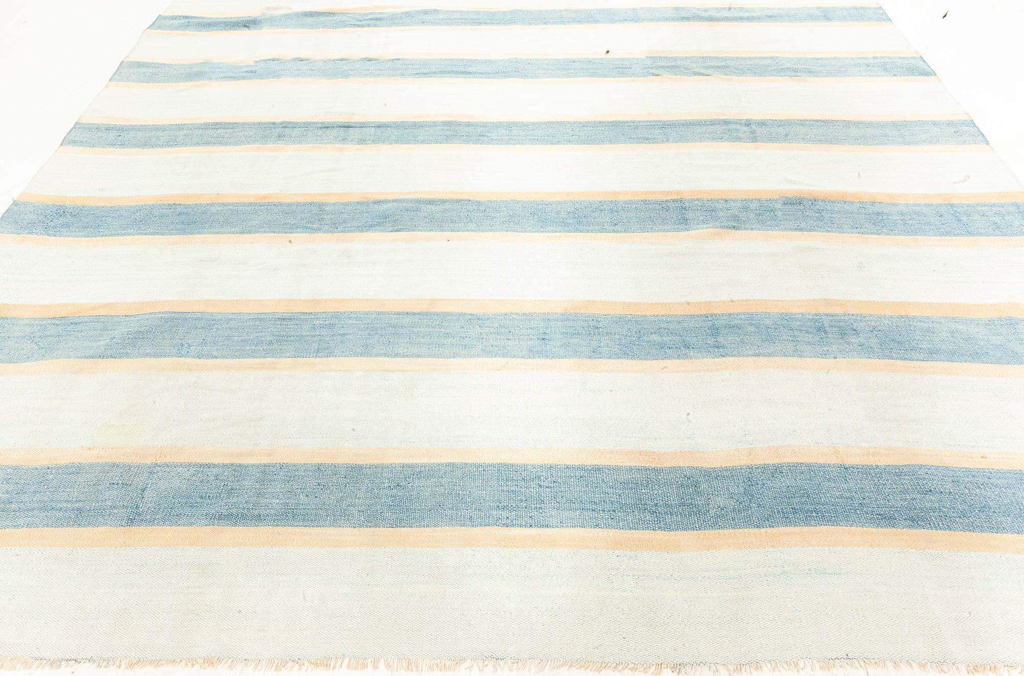 Doris Leslie Blau Vintage Indian Dhurrie Striped Blue Beige Ivory Rug In Good Condition For Sale In New York, NY