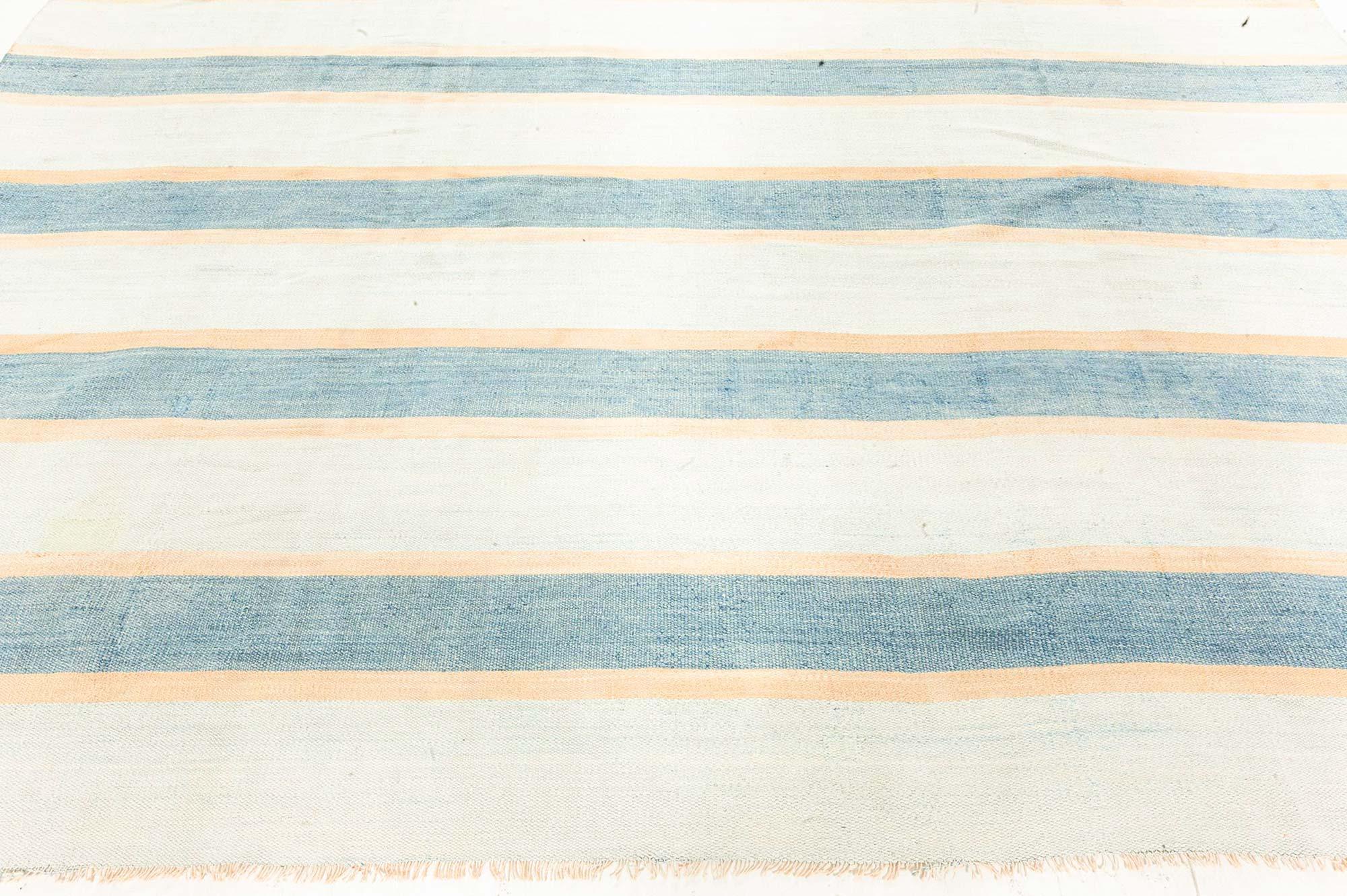 20th Century Doris Leslie Blau Vintage Indian Dhurrie Striped Blue Beige Ivory Rug For Sale