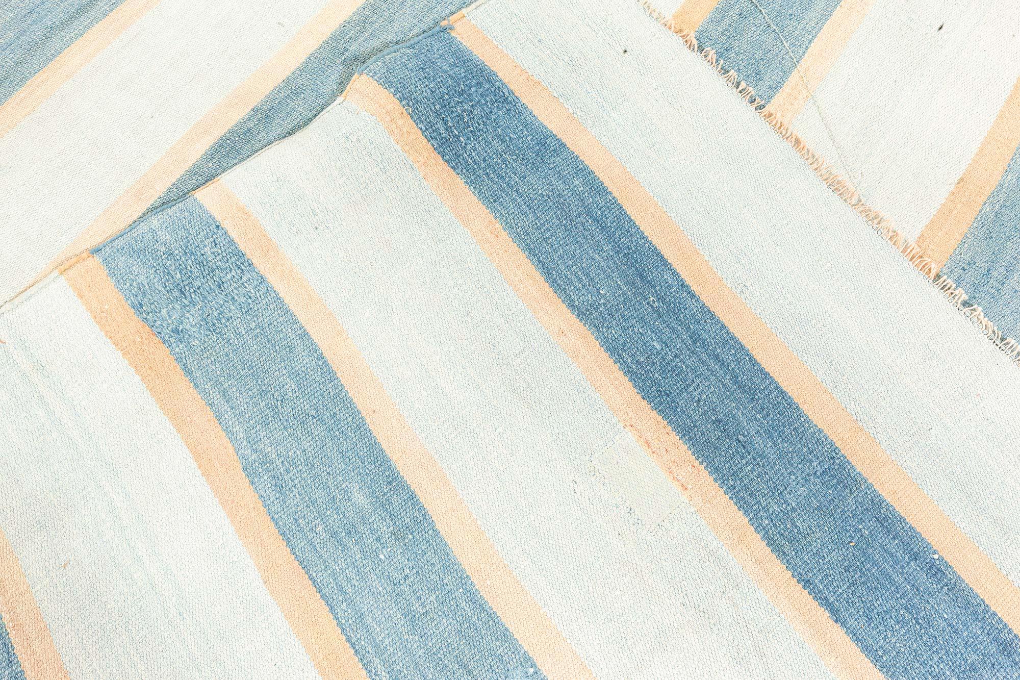 Cotton Doris Leslie Blau Vintage Indian Dhurrie Striped Blue Beige Ivory Rug For Sale