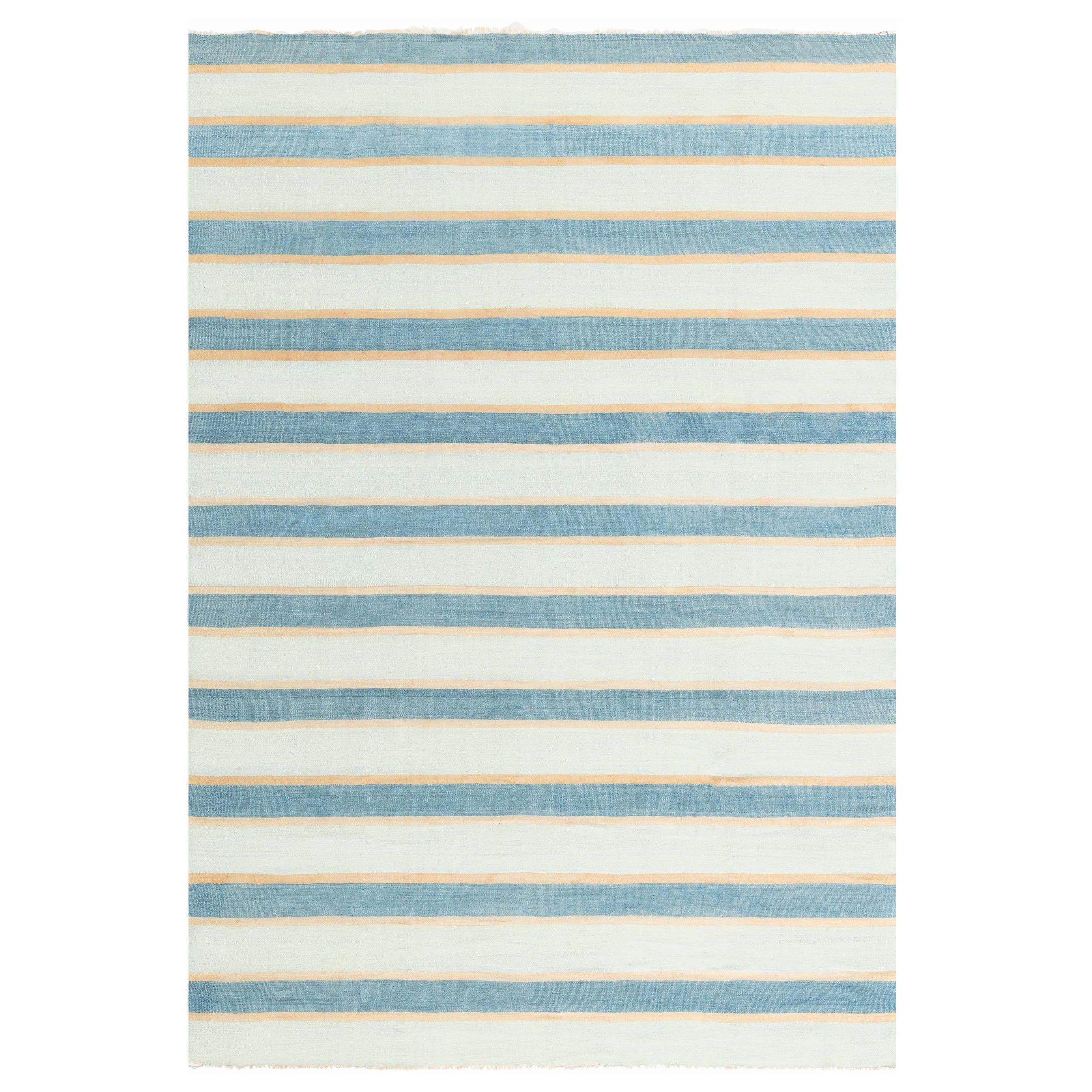 Tappeto Doris Leslie Blau Vintage Indian Dhurrie a righe blu beige avorio