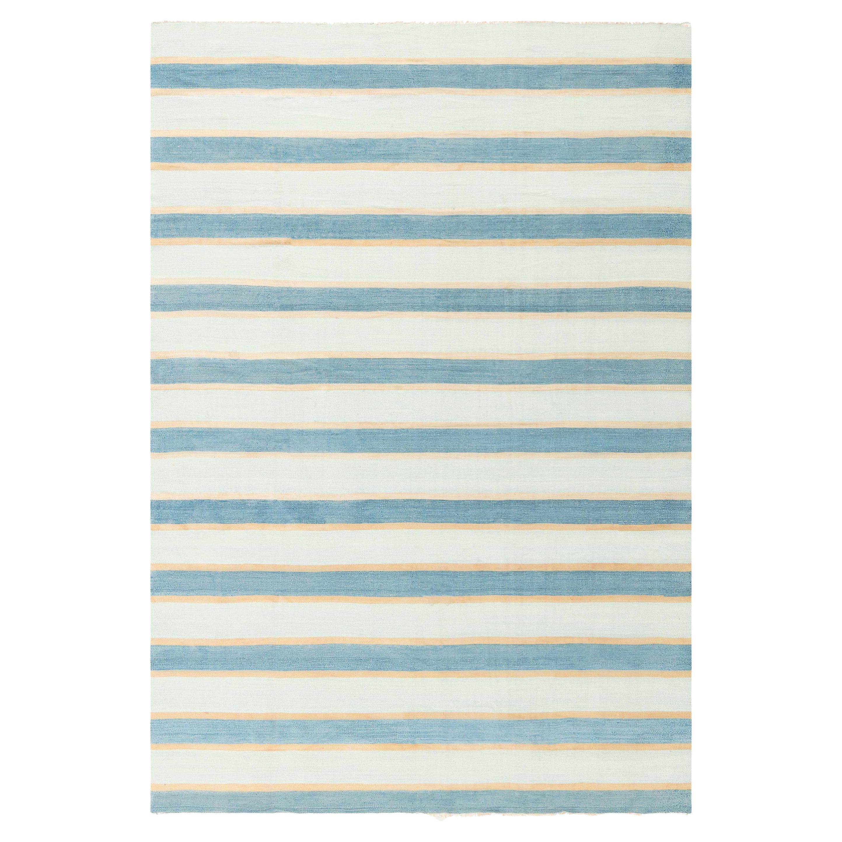 Doris Leslie Blau Vintage Indian Dhurrie Striped Blue Beige Ivory Rug