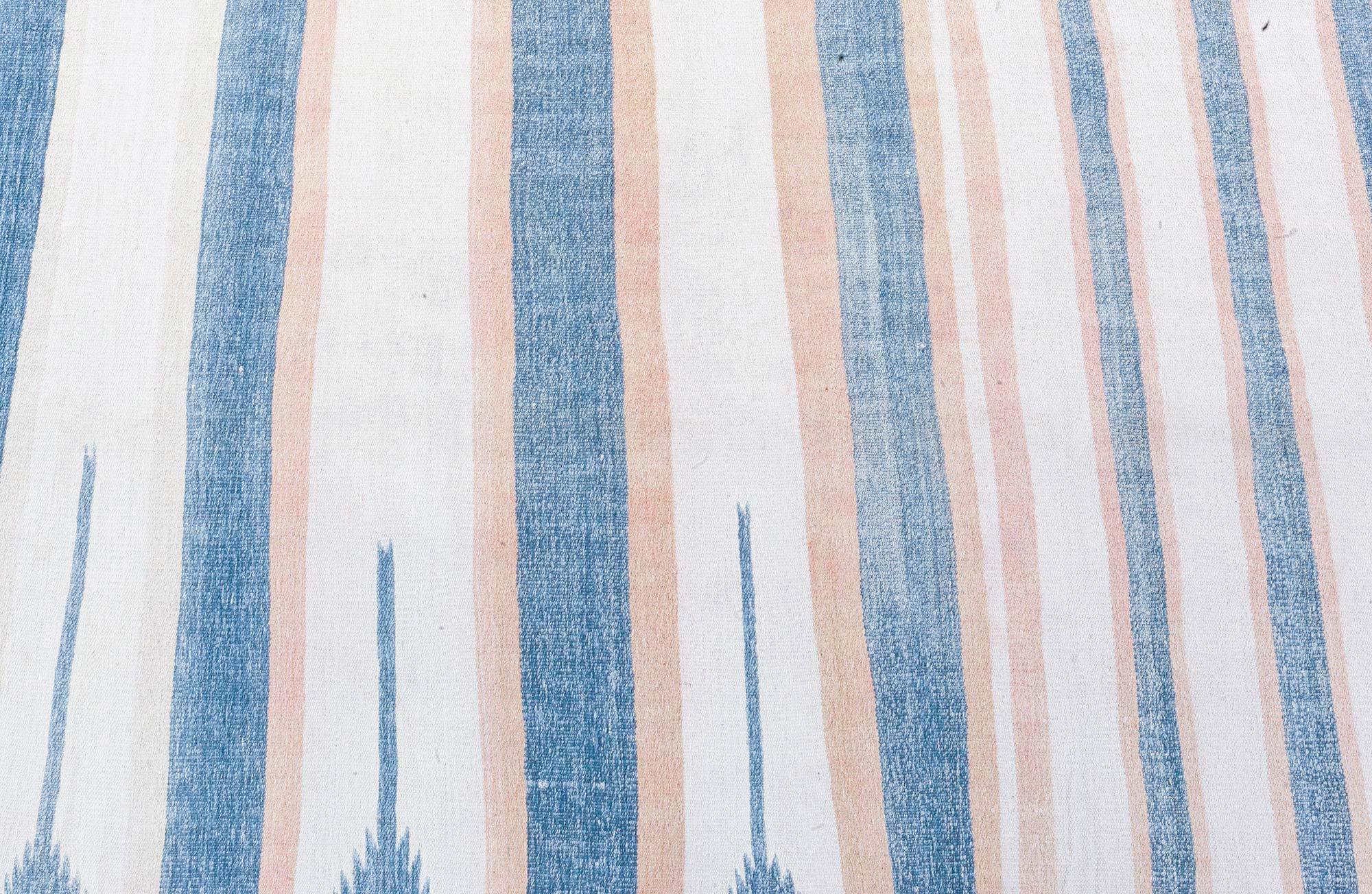 Alfombra Doris Leslie Blau Vintage Indian Dhurrie Rayas Azul Beige Moderno de mediados de siglo en venta