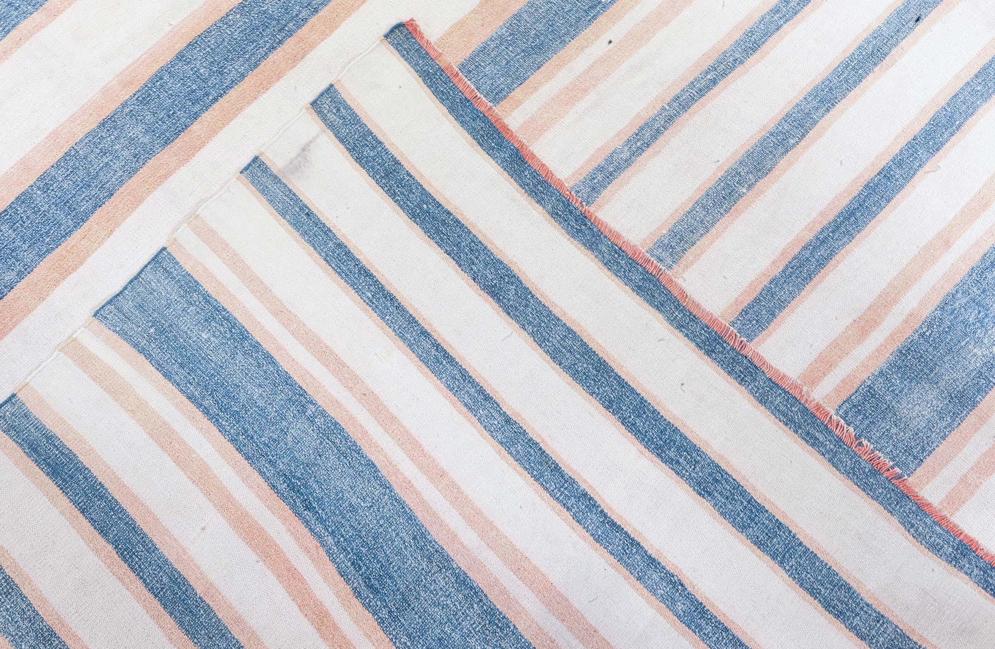 Alfombra Doris Leslie Blau Vintage Indian Dhurrie Rayas Azul Beige Algodón en venta