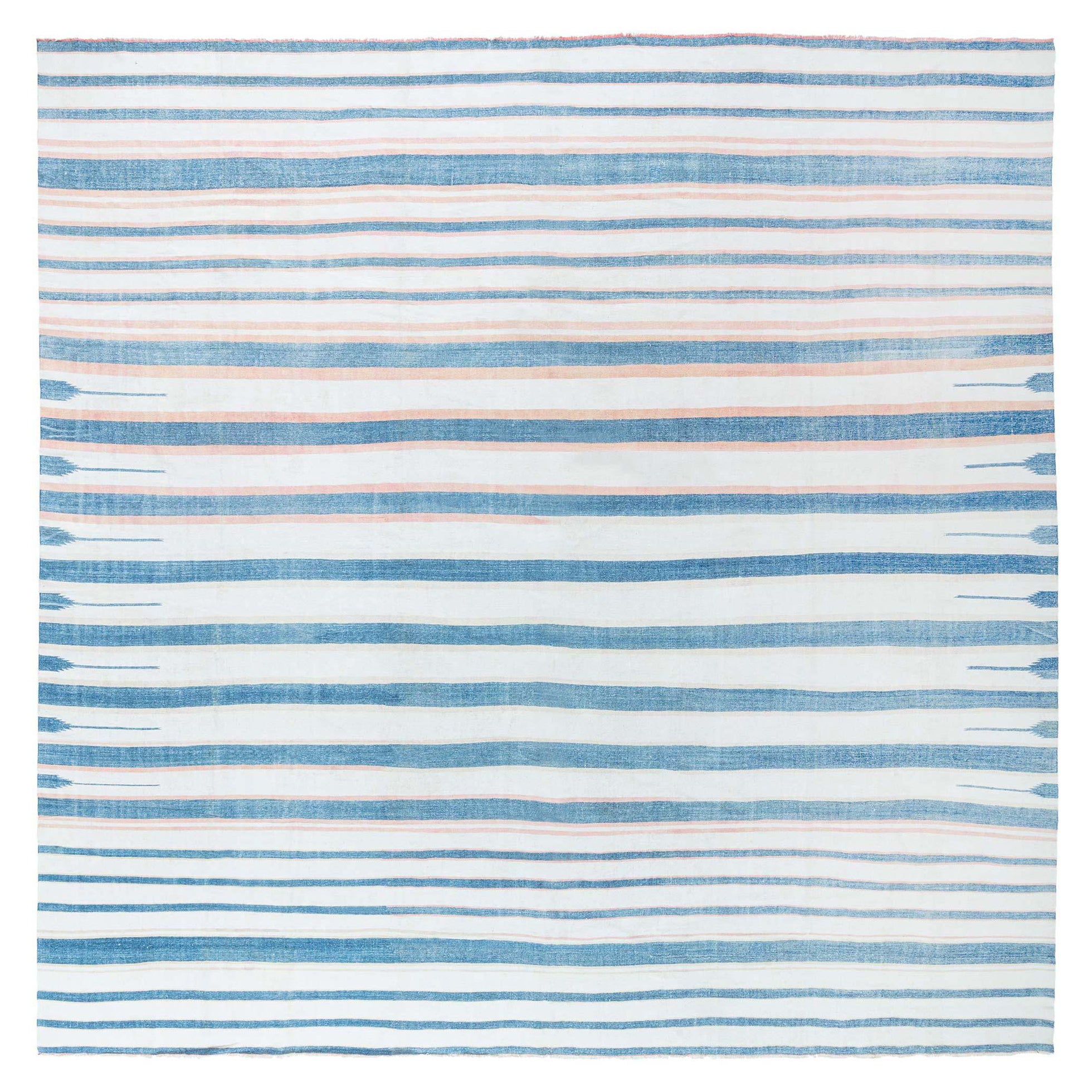 Doris Leslie Blau Vintage Indian Dhurrie Striped Blue Beige Rug For Sale