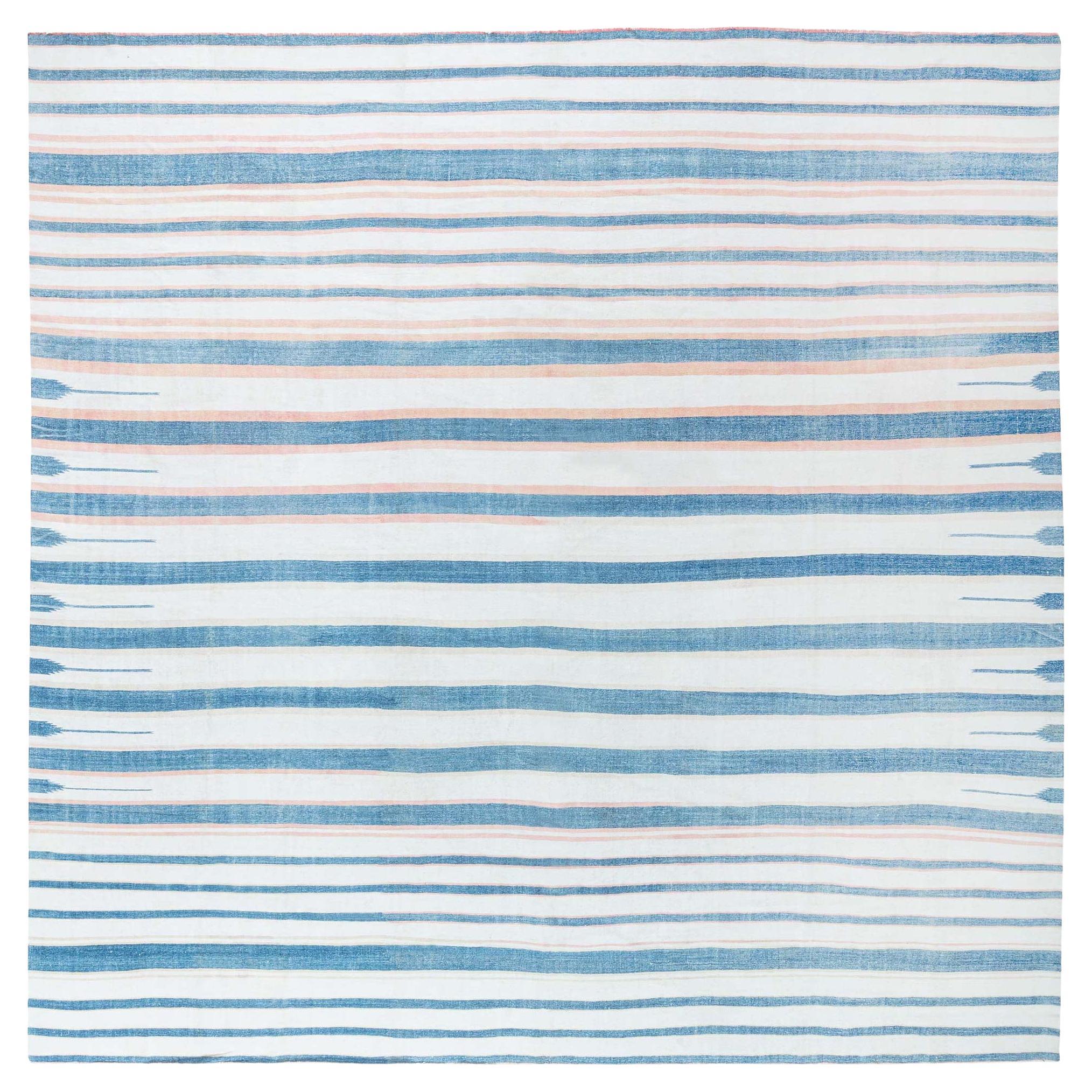 Doris Leslie Blau Vintage Indian Dhurrie Striped Blue Beige Rug For Sale