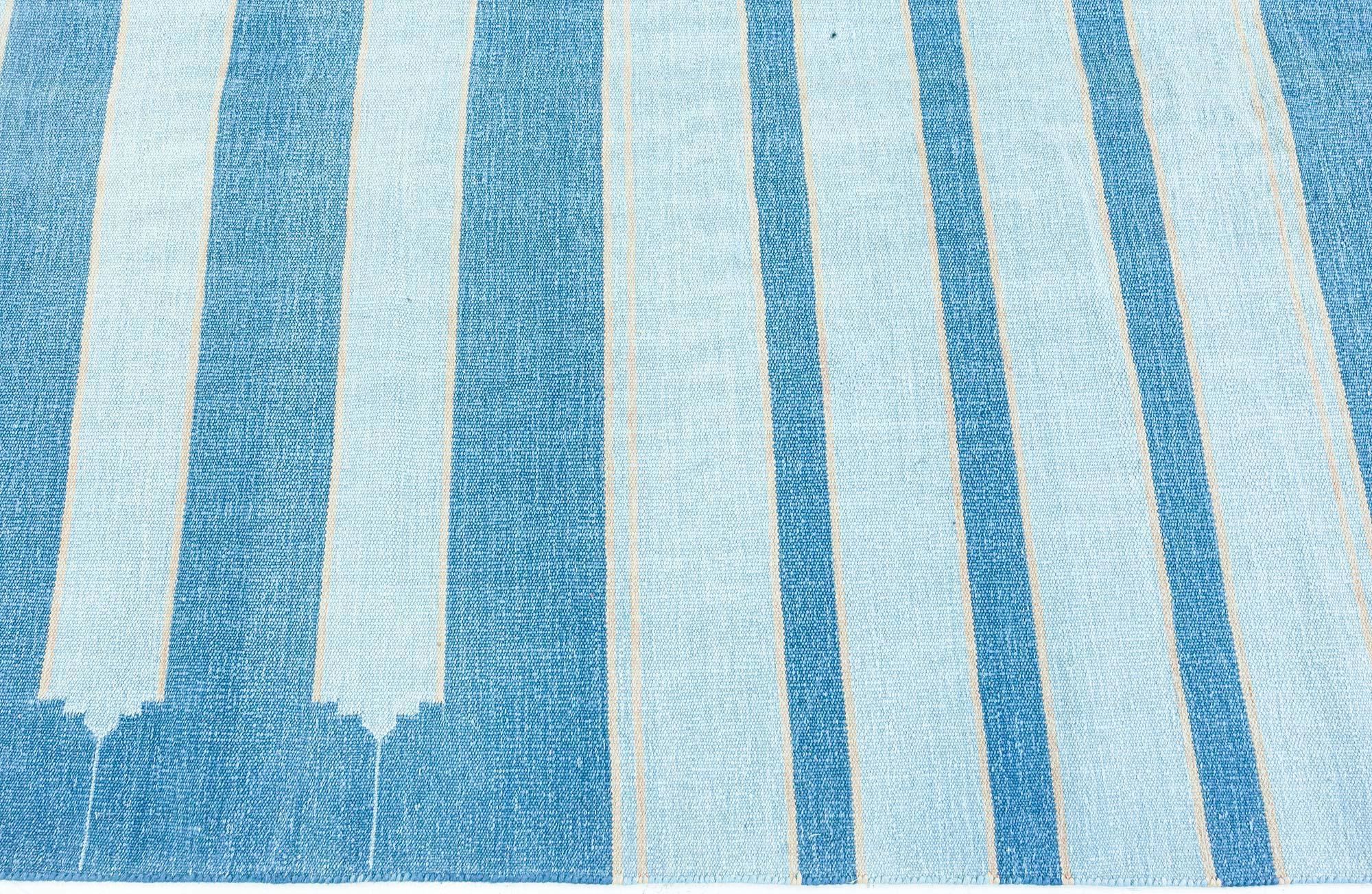 Mid-Century Modern Doris Leslie Blau Vintage Indian Dhurrie Striped Blue Rug For Sale