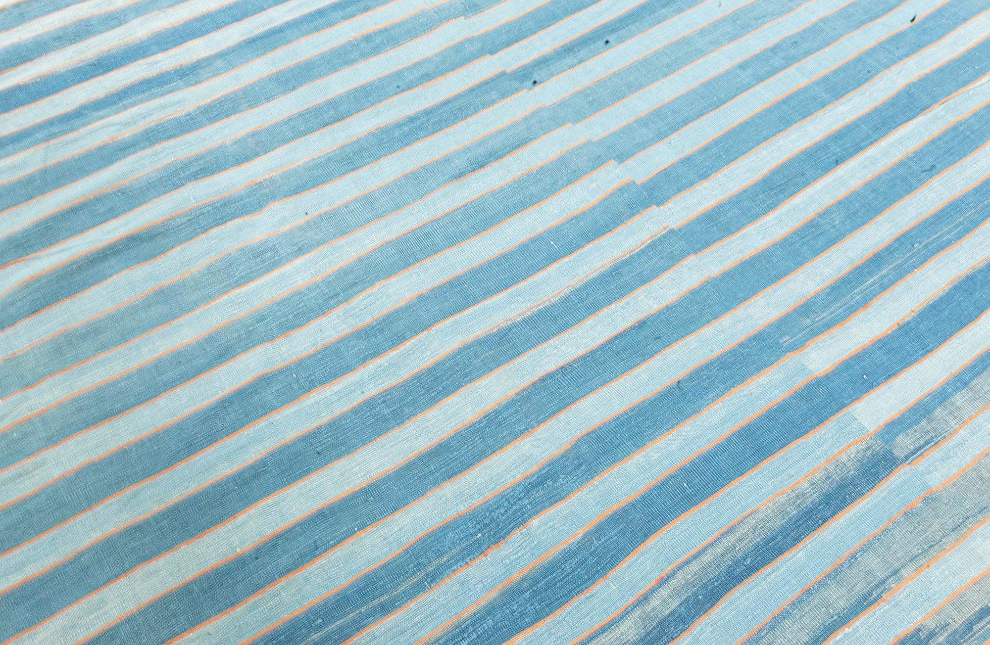 Mid-Century Modern Doris Leslie Blau Vintage Indian Dhurrie Striped Blue Rug For Sale