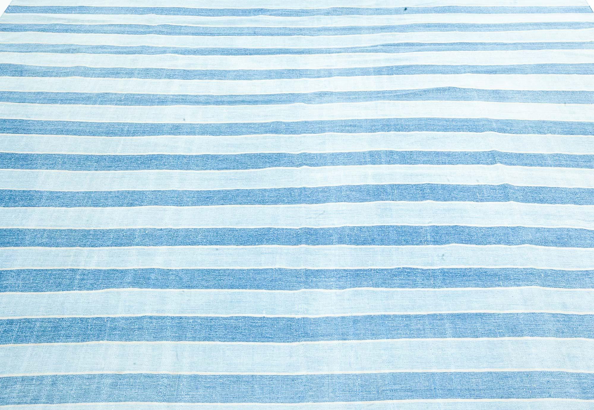 Mid-Century Modern Doris Leslie Blau Vintage Indian Dhurrie Striped Blue Rug For Sale