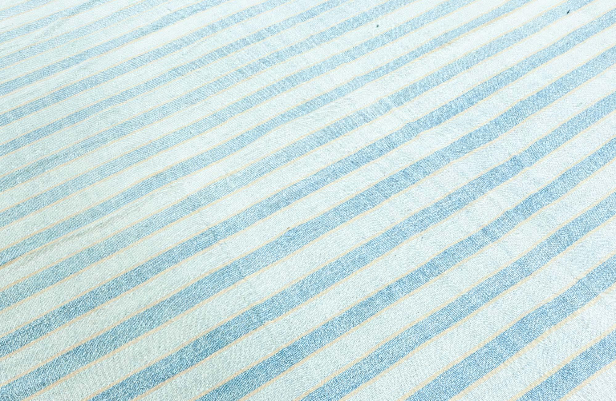 Hand-Woven Doris Leslie Blau Vintage Indian Dhurrie Striped Blue Rug For Sale