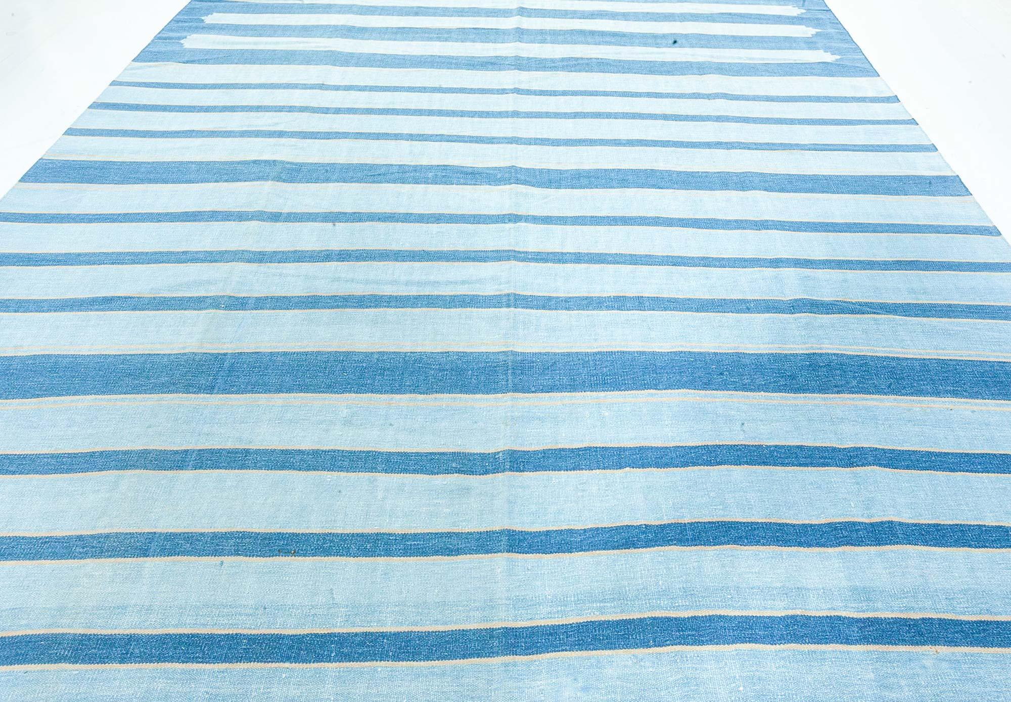 Hand-Woven Doris Leslie Blau Vintage Indian Dhurrie Striped Blue Rug For Sale