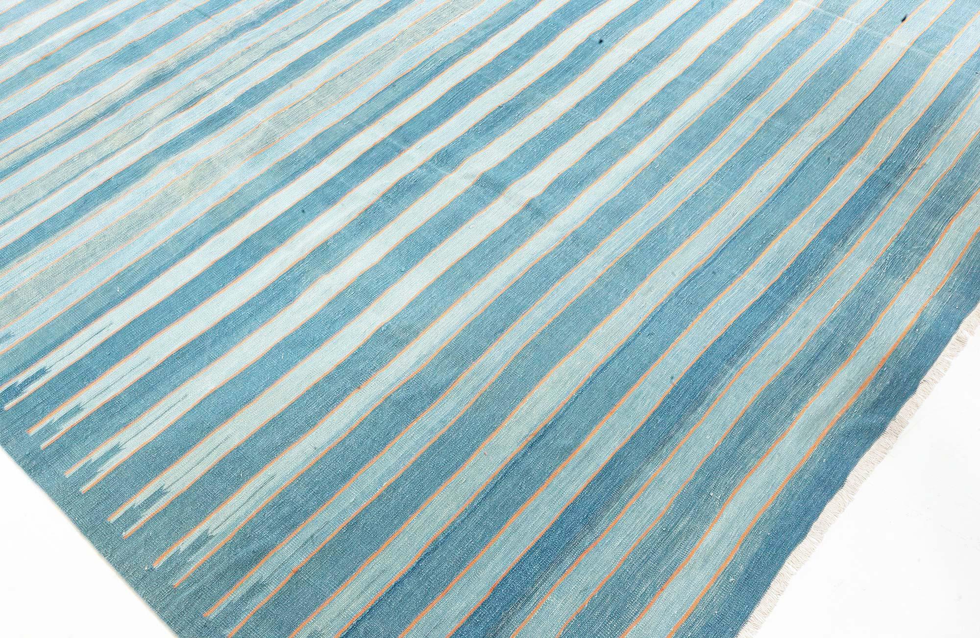 Hand-Woven Doris Leslie Blau Vintage Indian Dhurrie Striped Blue Rug For Sale
