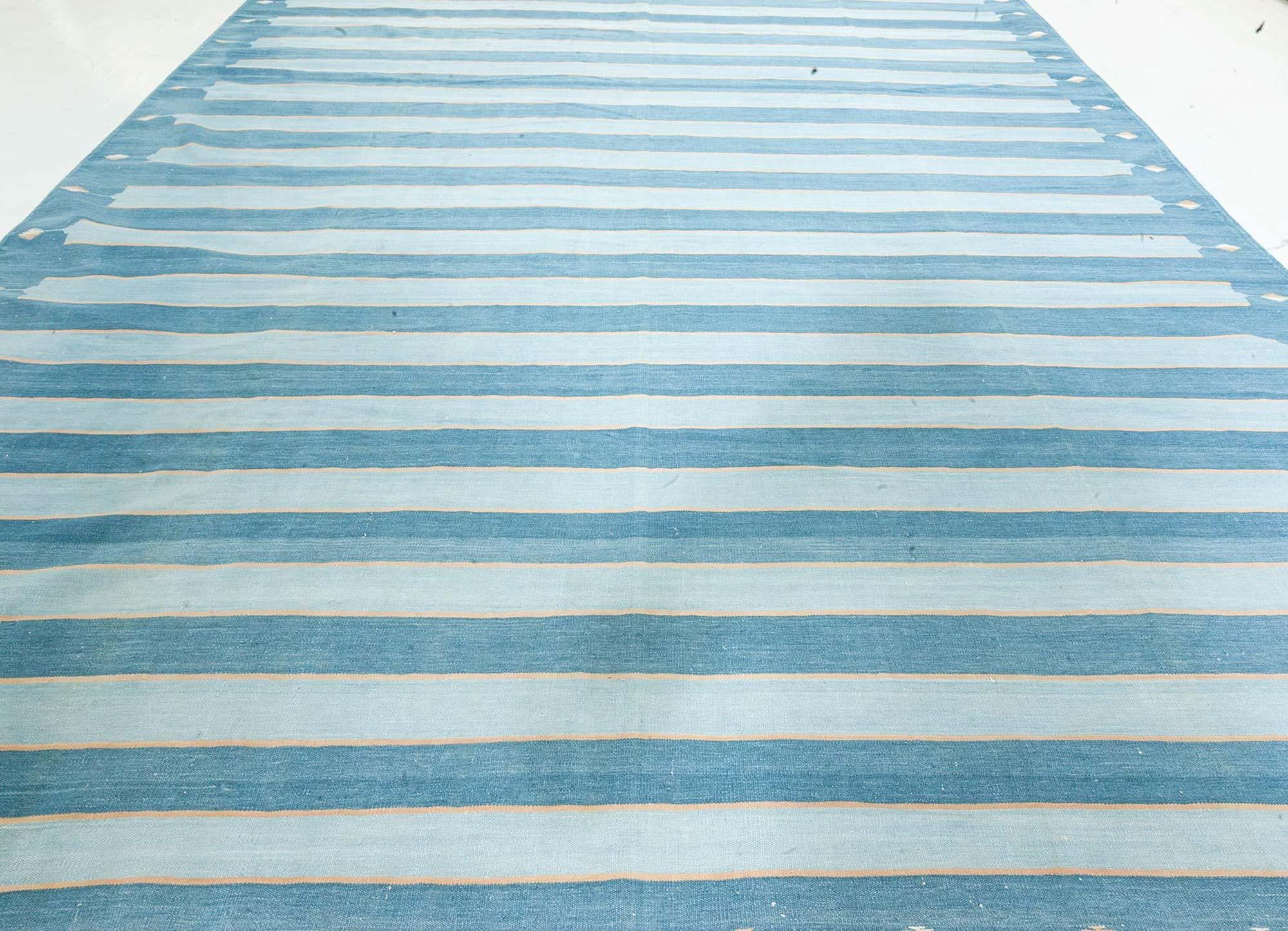 Hand-Woven Doris Leslie Blau Vintage Indian Dhurrie Striped Blue Rug For Sale