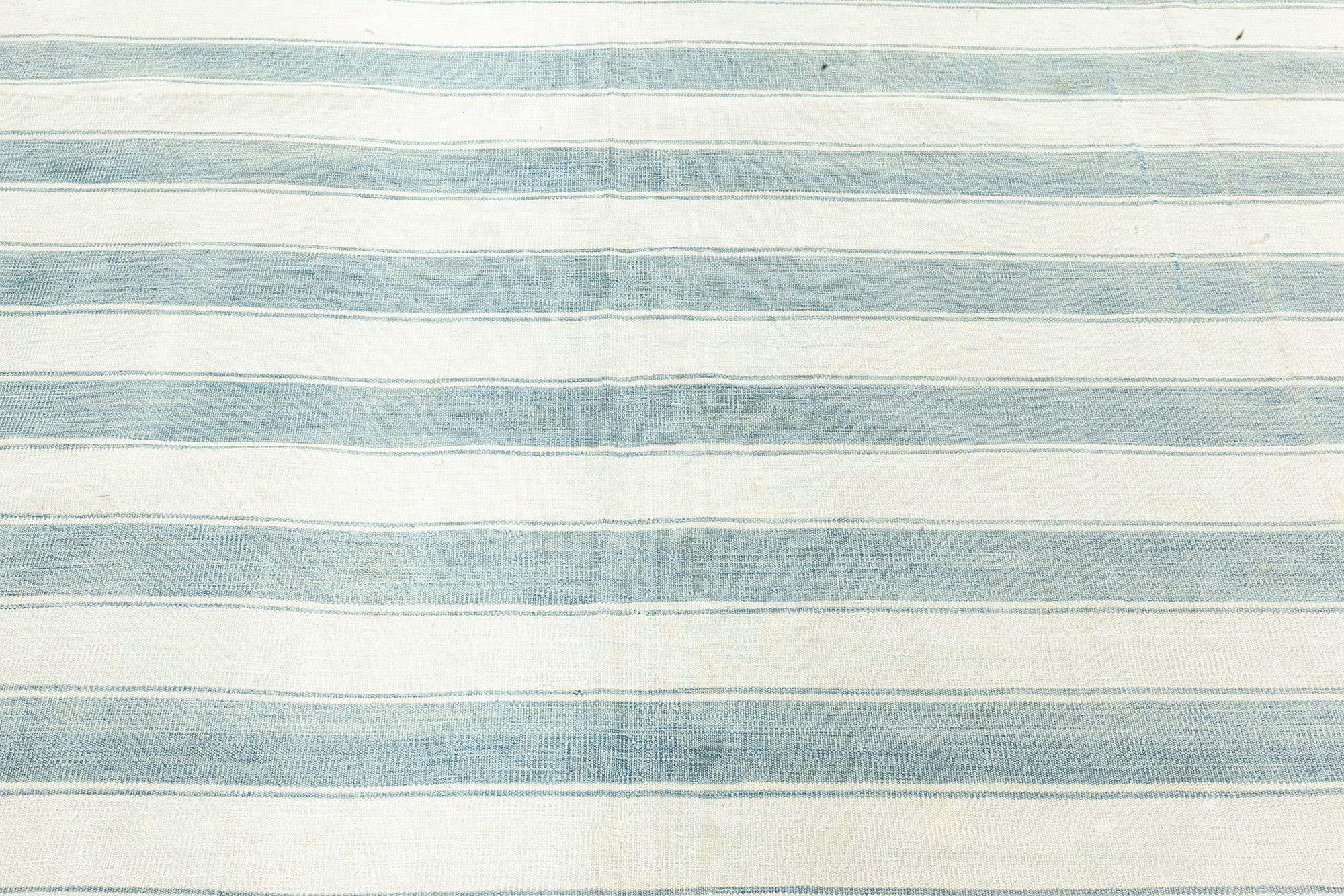 Hand-Woven Doris Leslie Blau Vintage Indian Dhurrie Striped Blue Rug For Sale