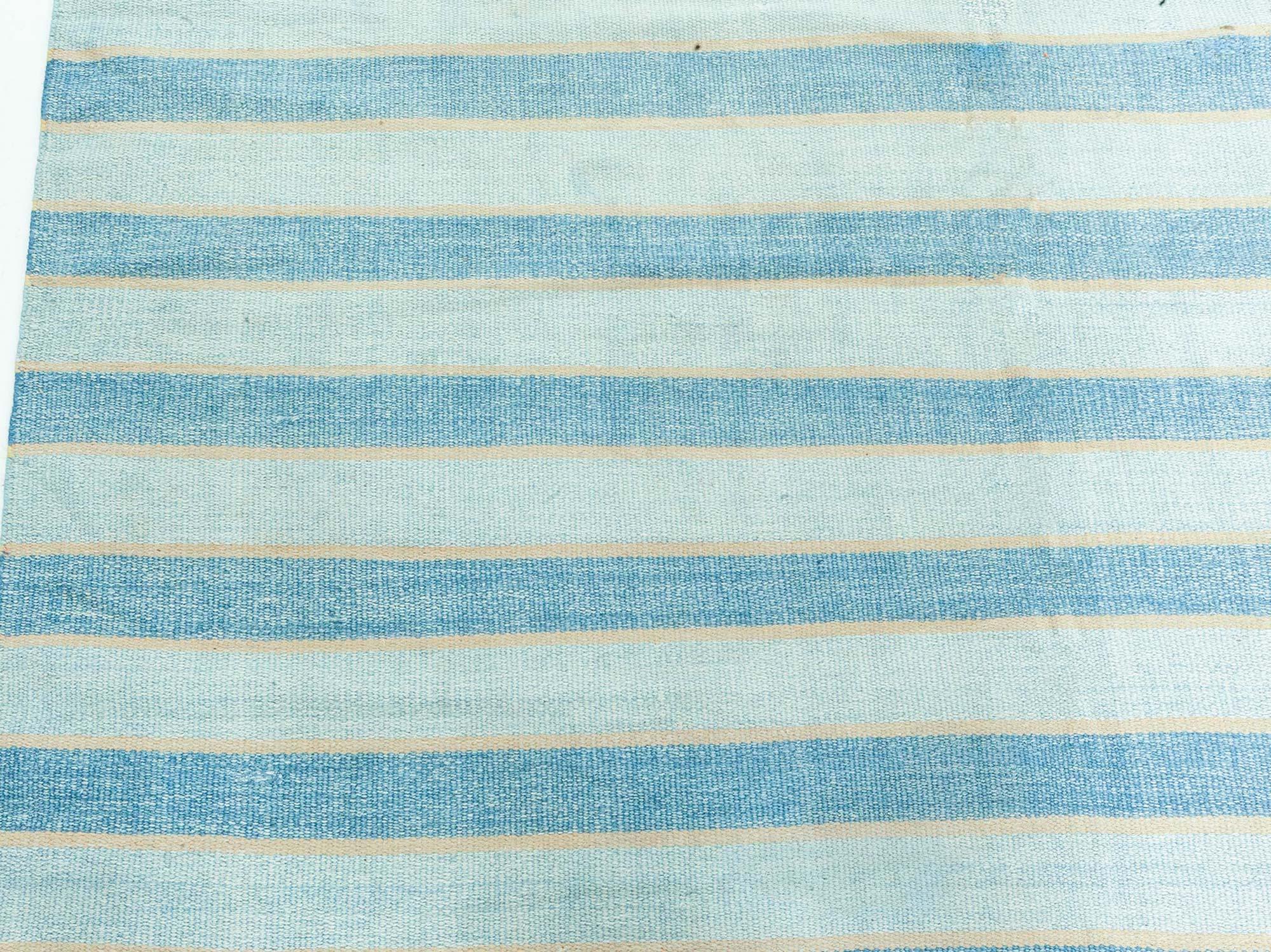 Doris Leslie Blau Vintage Indian Dhurrie Striped Blue Rug In Good Condition For Sale In New York, NY