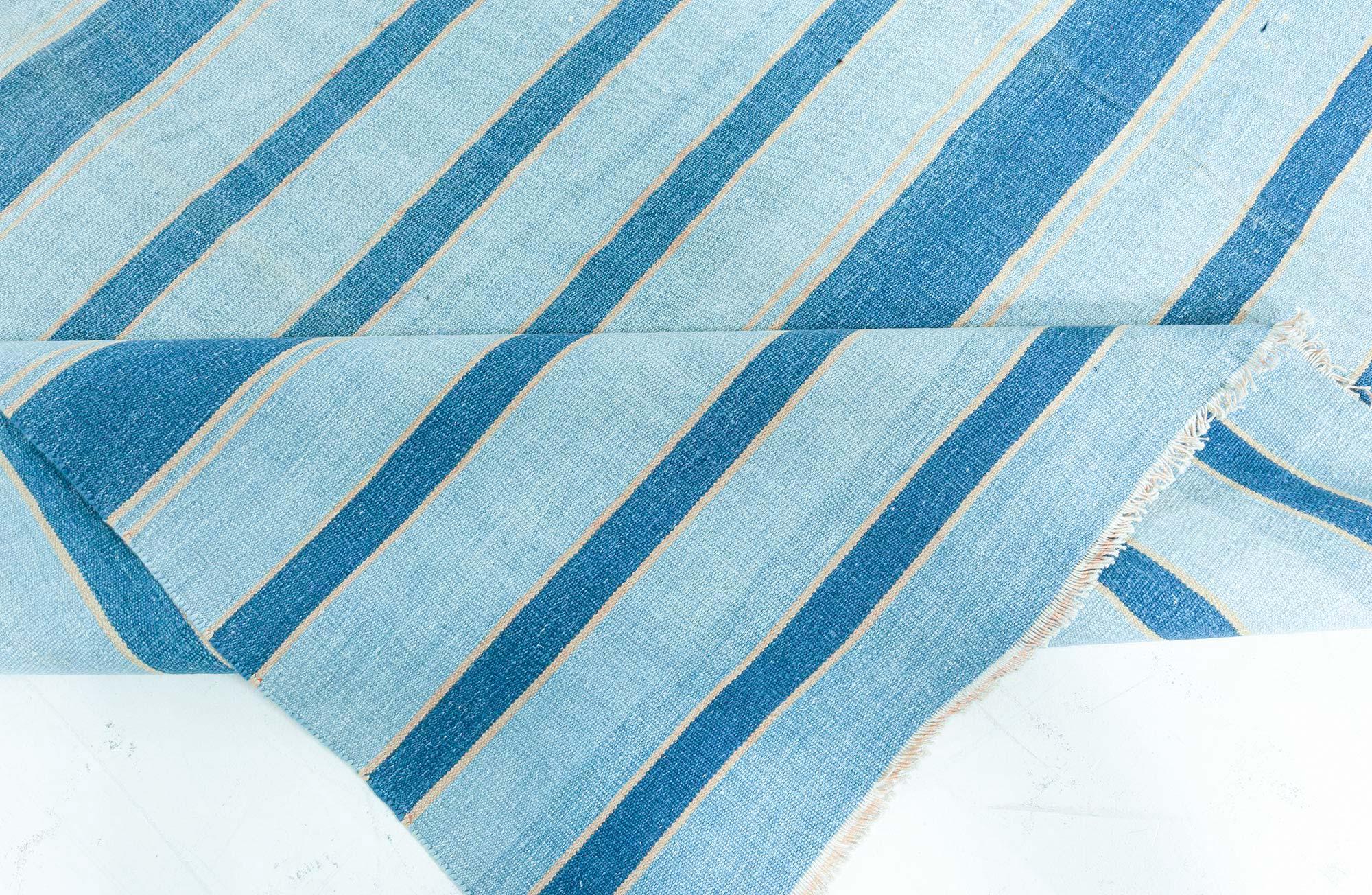 Doris Leslie Blau Vintage Indian Dhurrie Striped Blue Rug In Good Condition For Sale In New York, NY