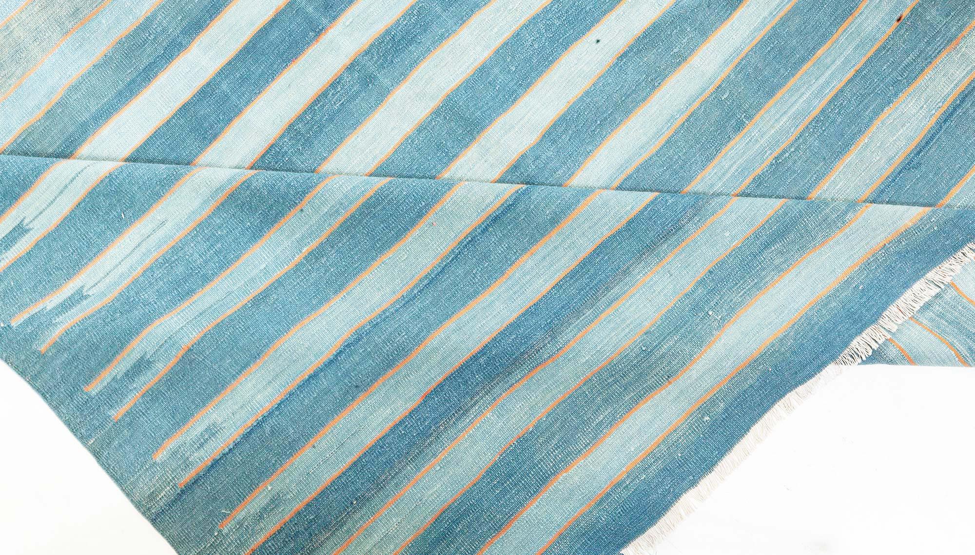 Doris Leslie Blau Vintage Indian Dhurrie Striped Blue Rug In Good Condition For Sale In New York, NY