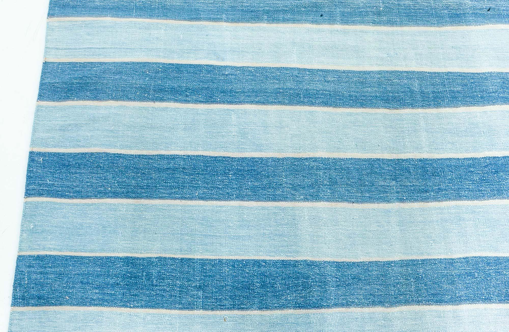 Doris Leslie Blau Vintage Indian Dhurrie Striped Blue Rug In Good Condition For Sale In New York, NY