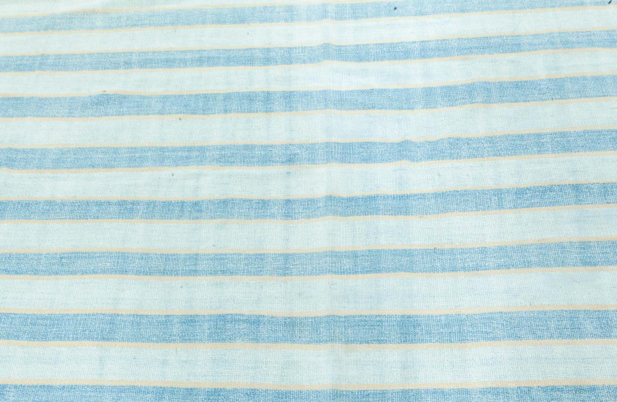 20th Century Doris Leslie Blau Vintage Indian Dhurrie Striped Blue Rug For Sale