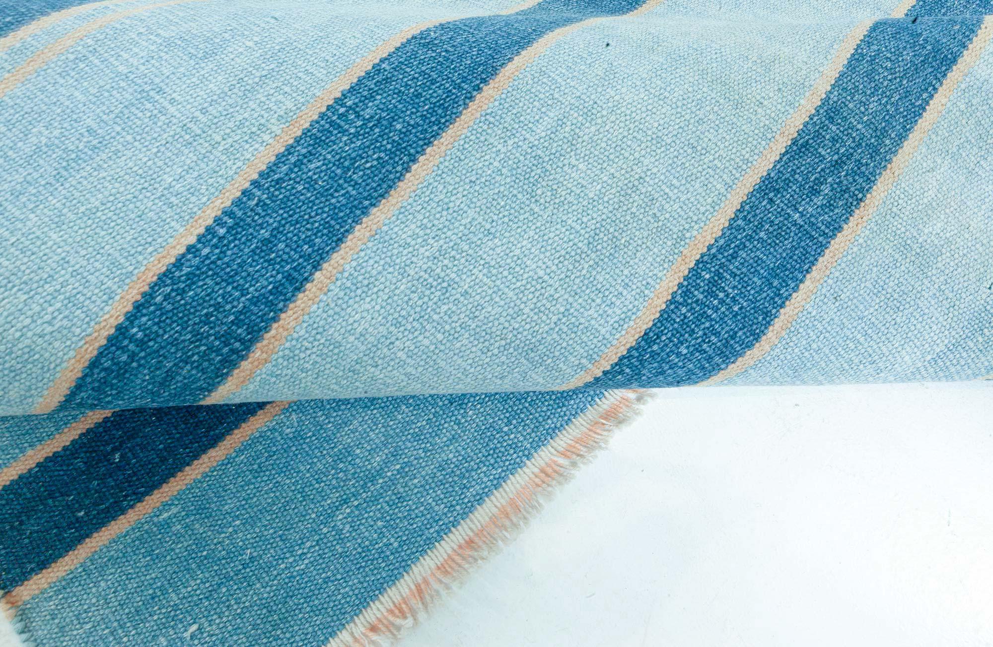 20th Century Doris Leslie Blau Vintage Indian Dhurrie Striped Blue Rug For Sale