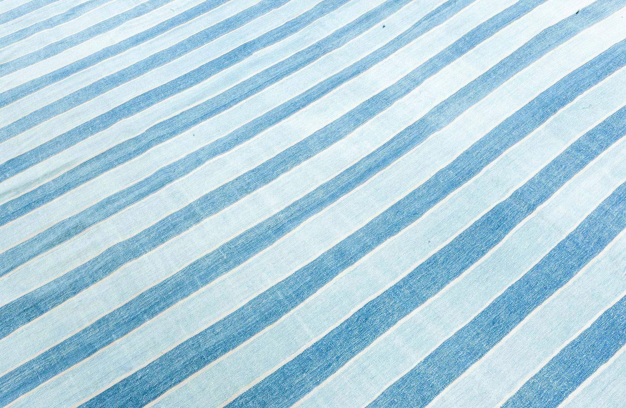 20th Century Doris Leslie Blau Vintage Indian Dhurrie Striped Blue Rug For Sale