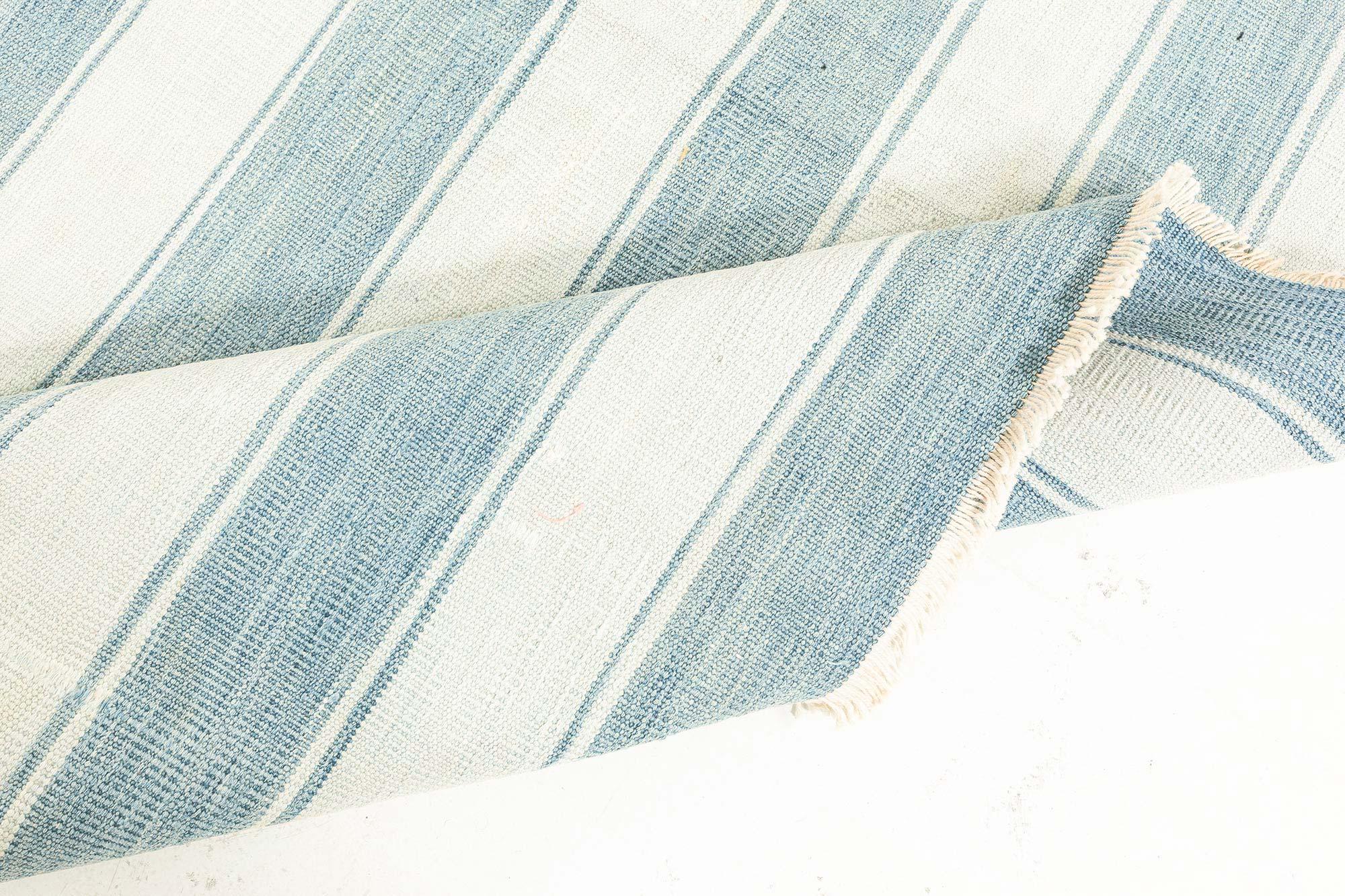 20th Century Doris Leslie Blau Vintage Indian Dhurrie Striped Blue Rug For Sale