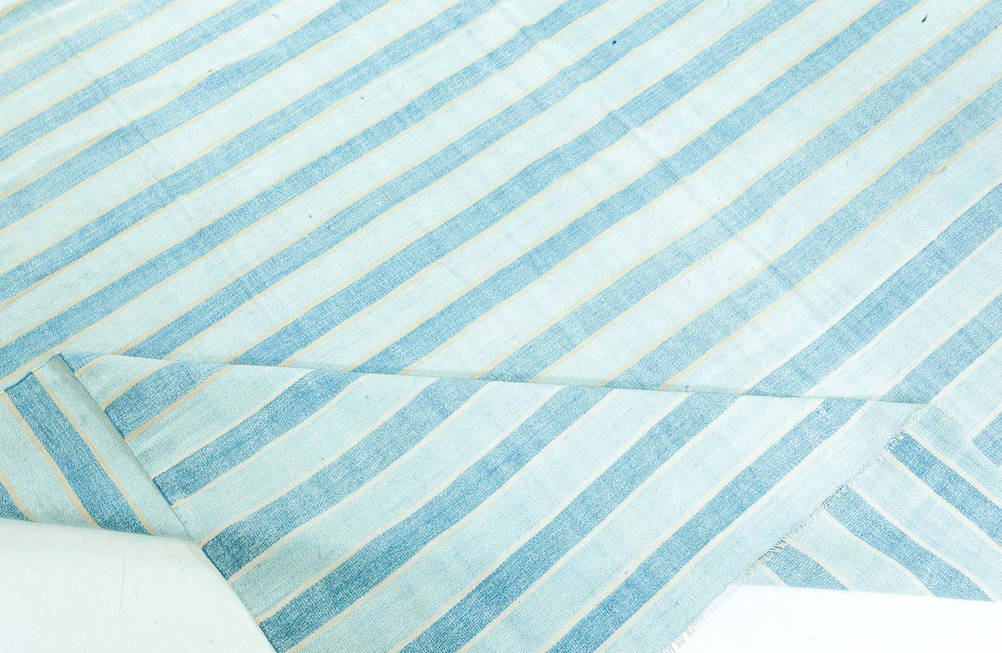 Cotton Doris Leslie Blau Vintage Indian Dhurrie Striped Blue Rug For Sale