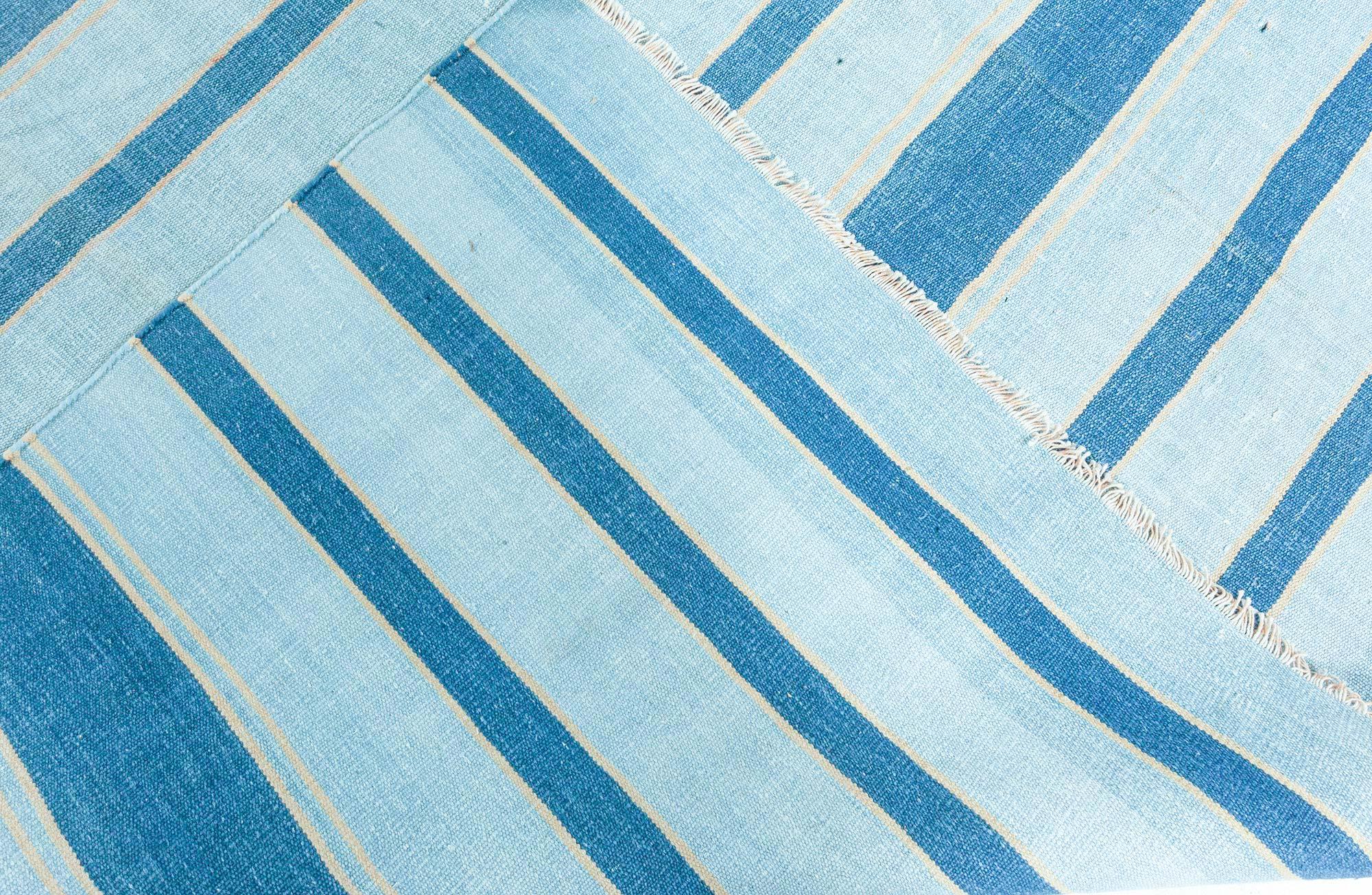 Cotton Doris Leslie Blau Vintage Indian Dhurrie Striped Blue Rug For Sale