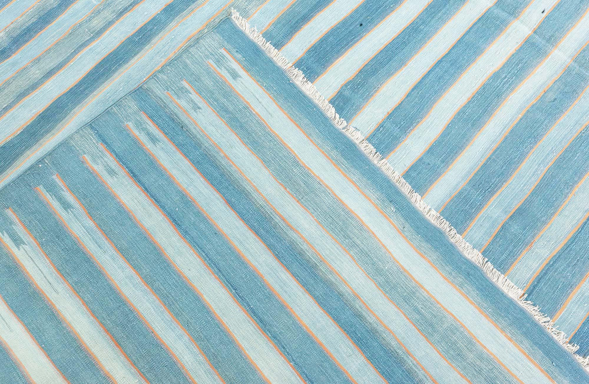 Cotton Doris Leslie Blau Vintage Indian Dhurrie Striped Blue Rug For Sale