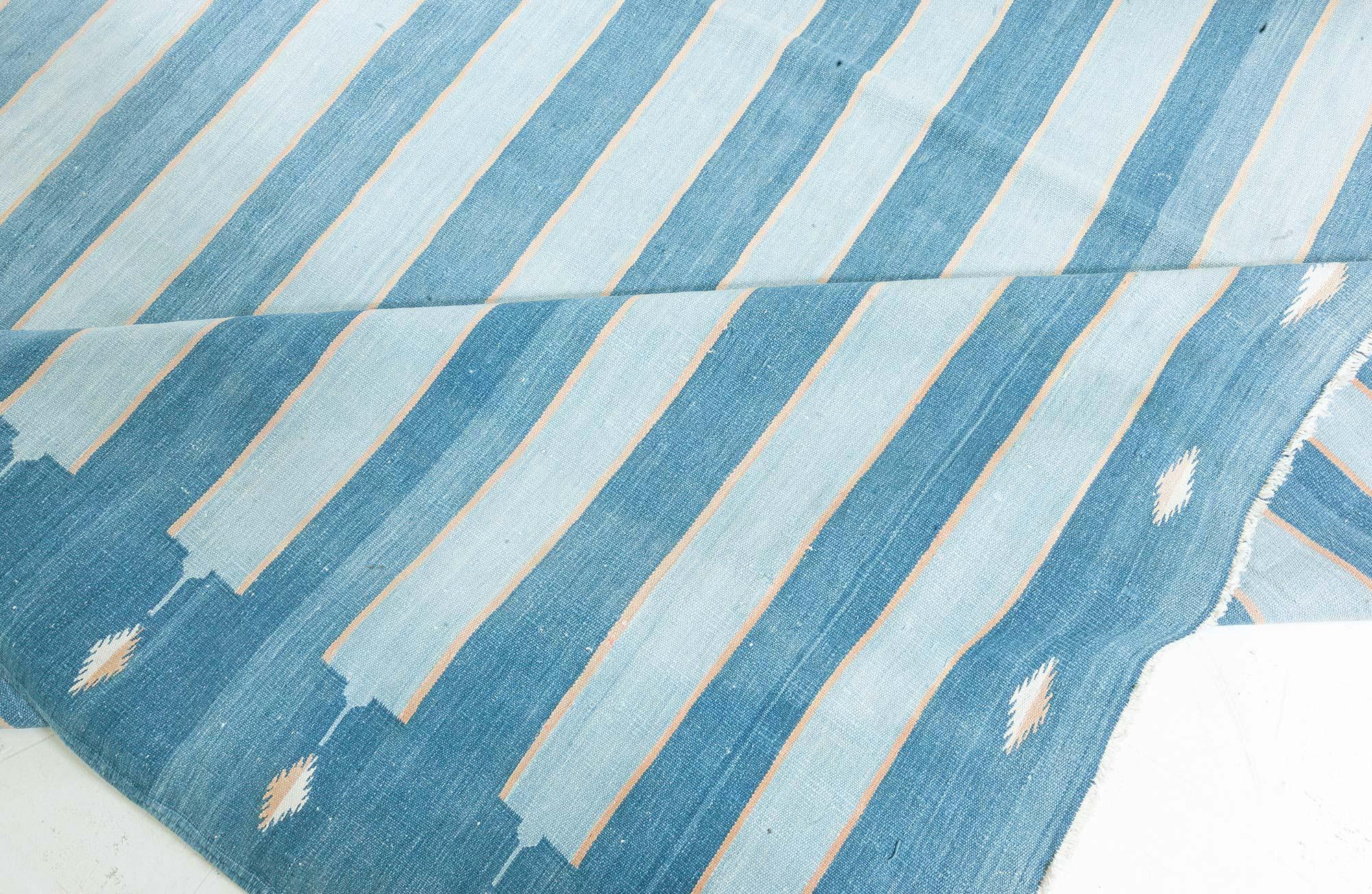 Cotton Doris Leslie Blau Vintage Indian Dhurrie Striped Blue Rug For Sale