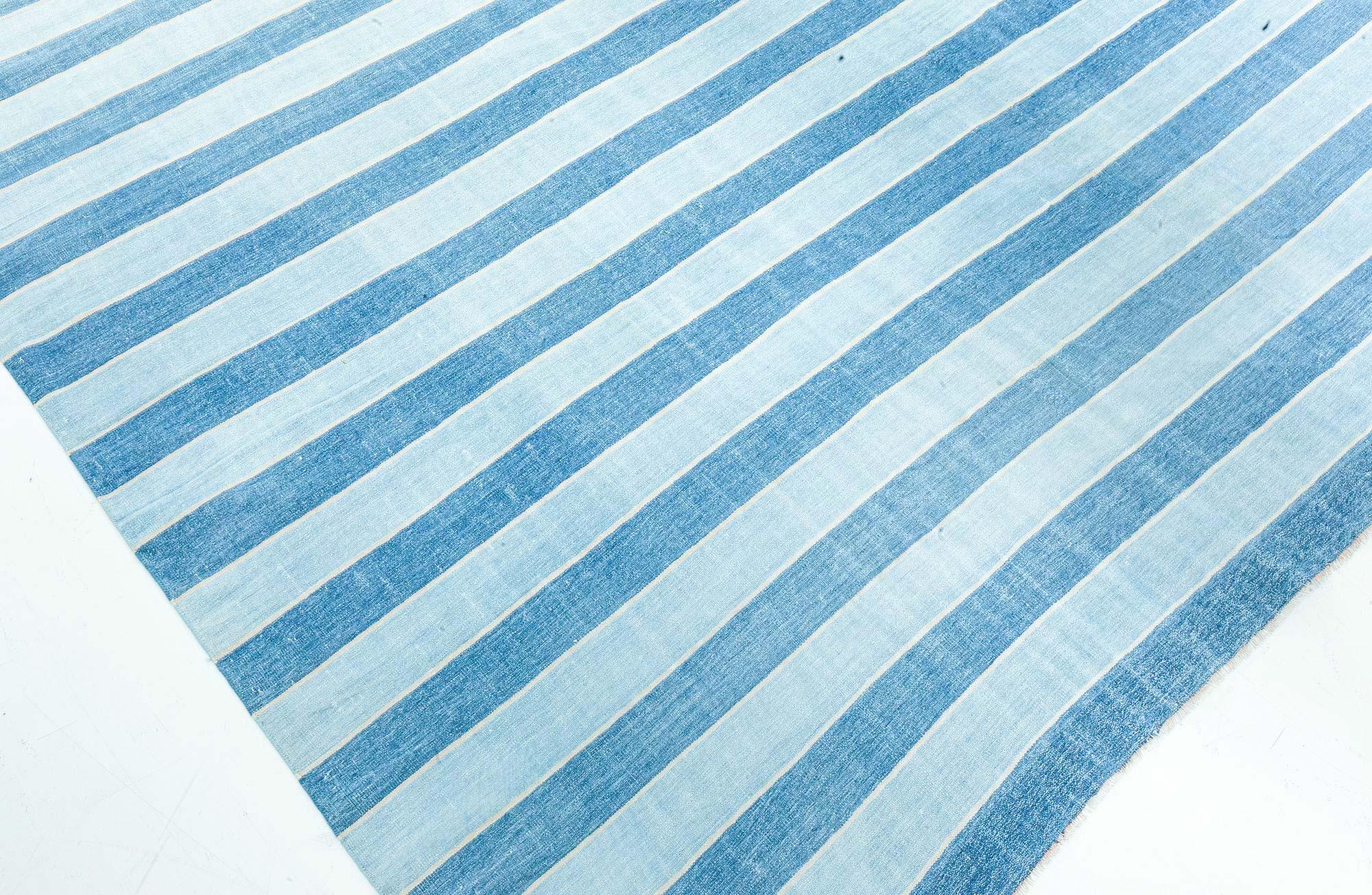 Cotton Doris Leslie Blau Vintage Indian Dhurrie Striped Blue Rug For Sale
