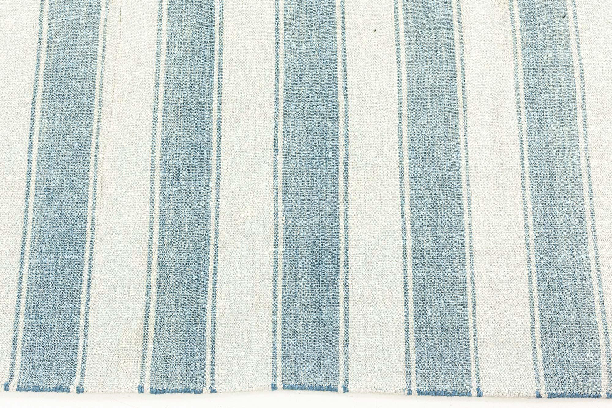 Cotton Doris Leslie Blau Vintage Indian Dhurrie Striped Blue Rug For Sale
