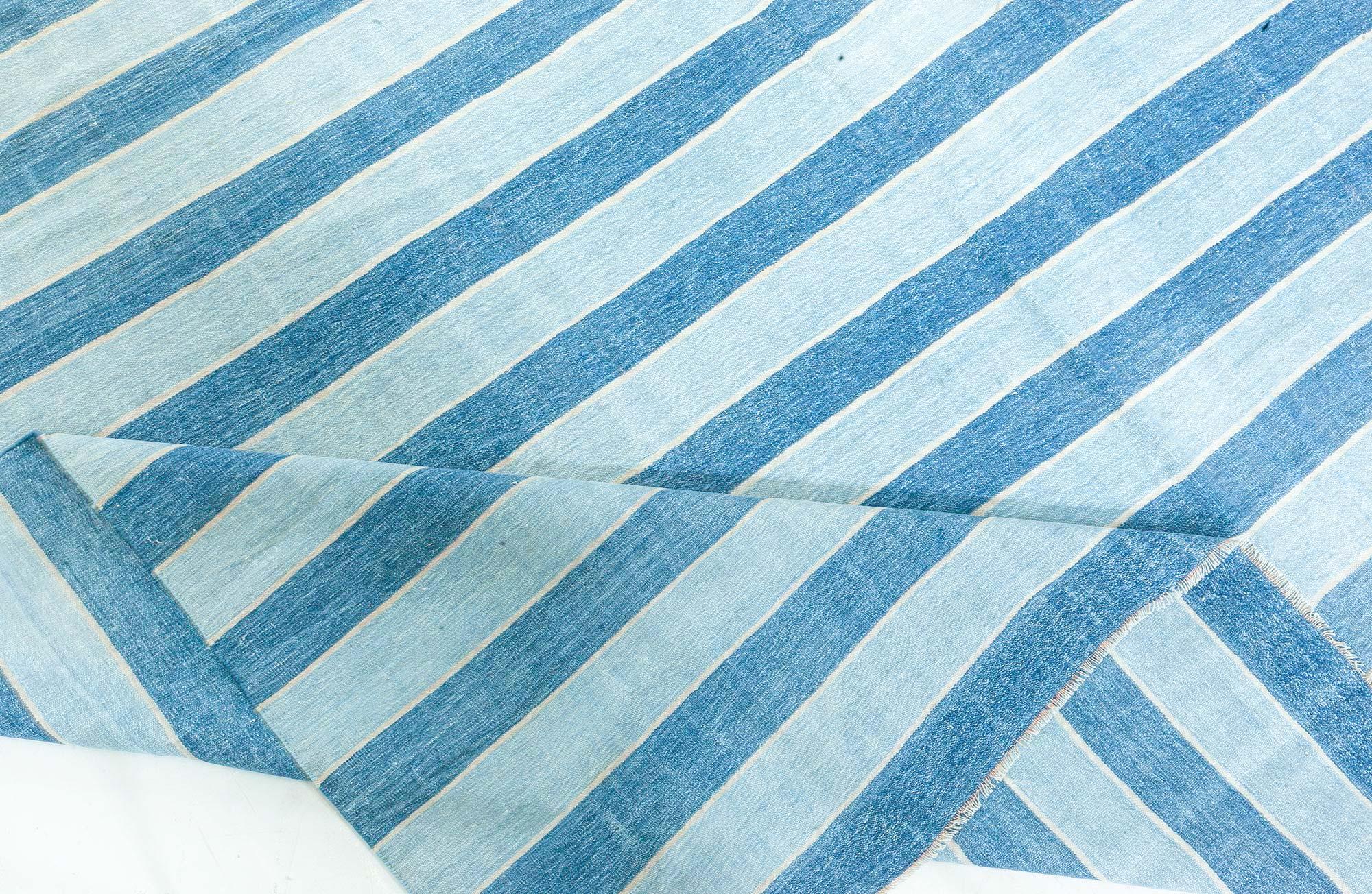 Doris Leslie Blau Vintage Indian Dhurrie Striped Blue Rug For Sale 1