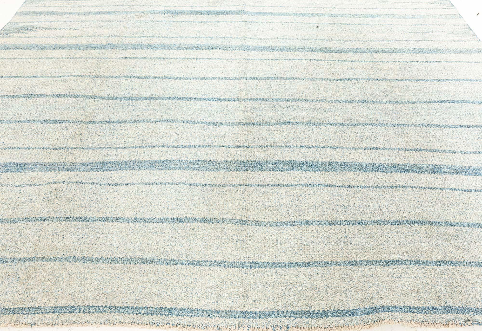 Doris Leslie Blau gestreifter blauer indischer Dhurrie Vintage-Teppich in Vintage im Angebot 1