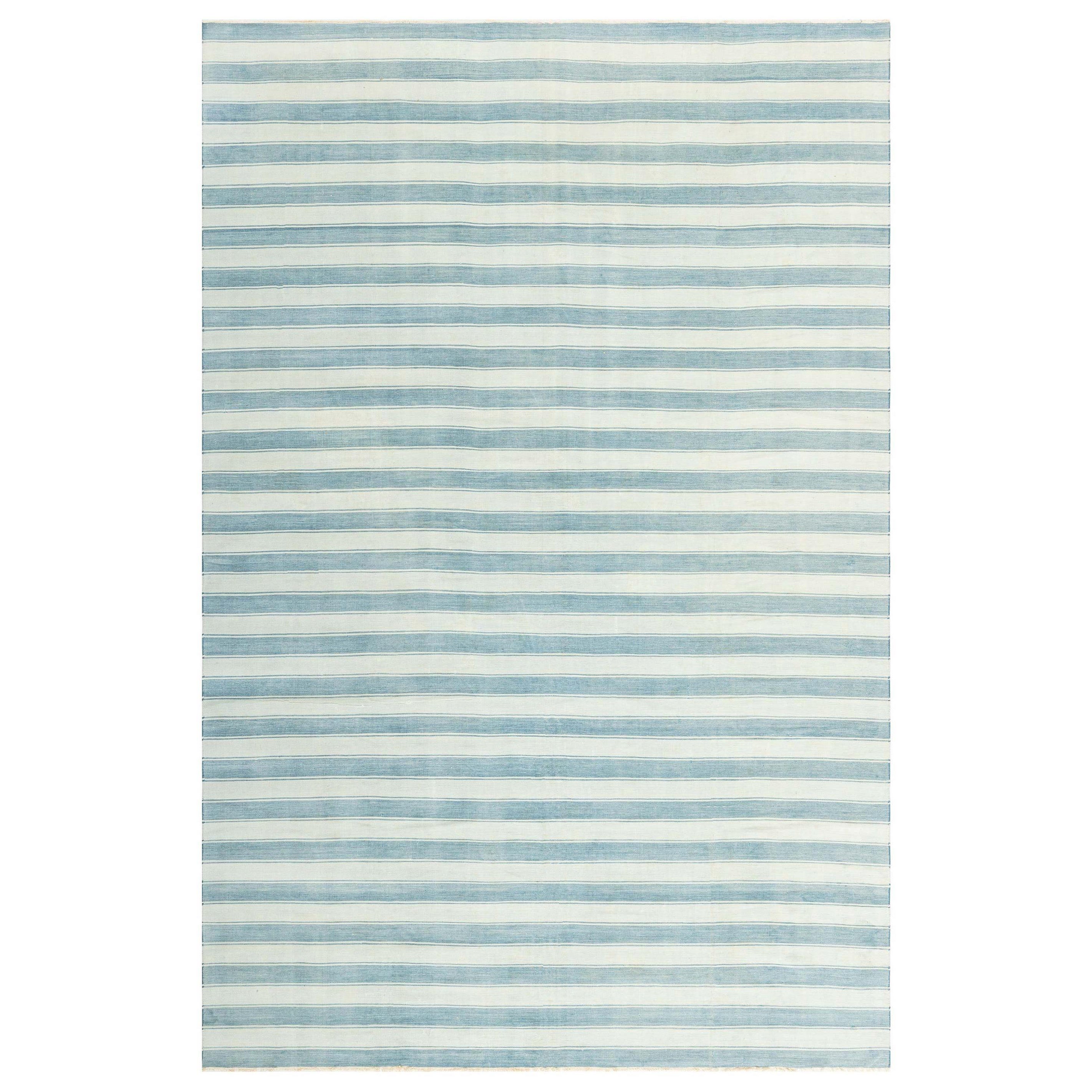 Doris Leslie Blau Vintage Indian Dhurrie Striped Blue Rug