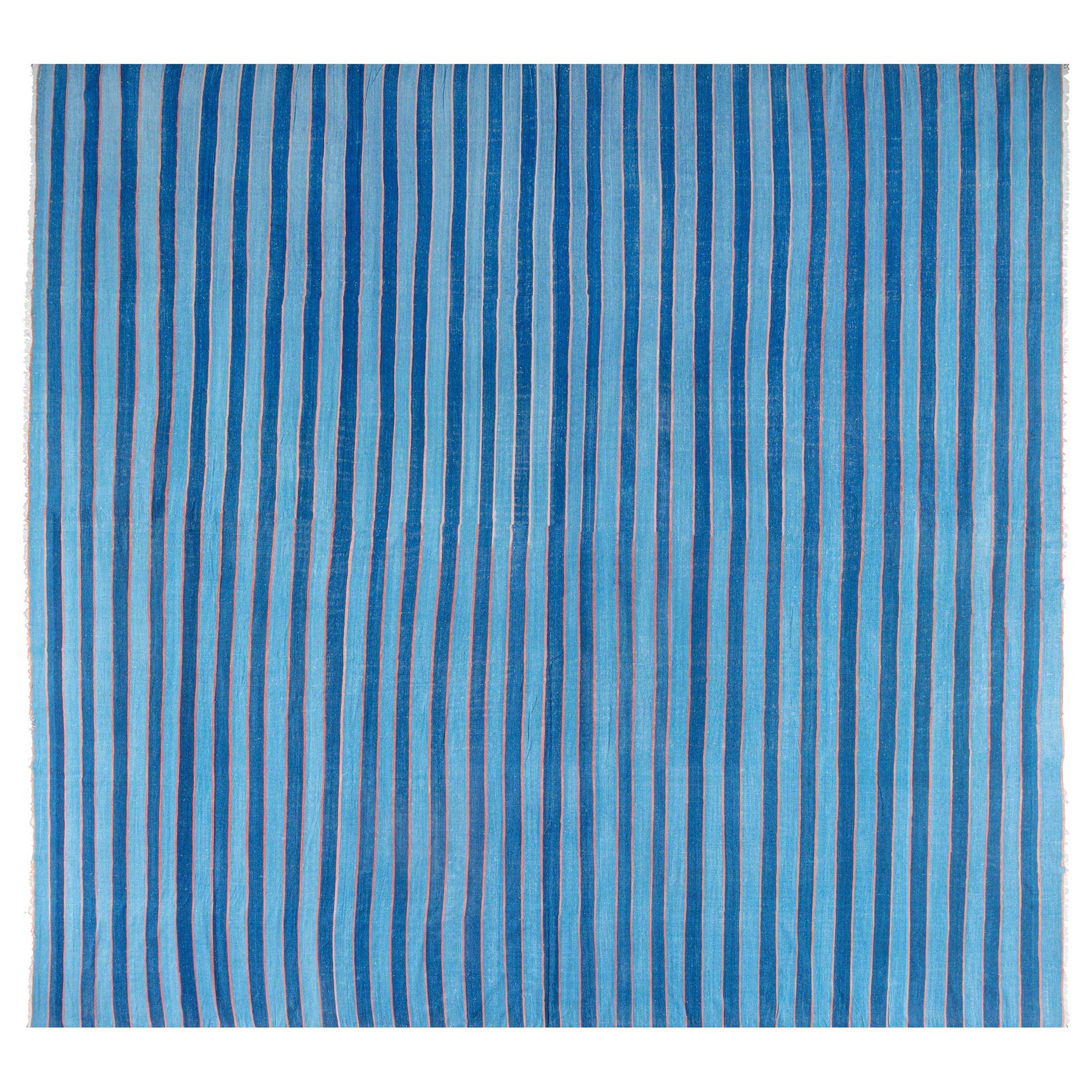 Tapis Dhurrie indien vintage rayé bleu Doris Leslie Blau