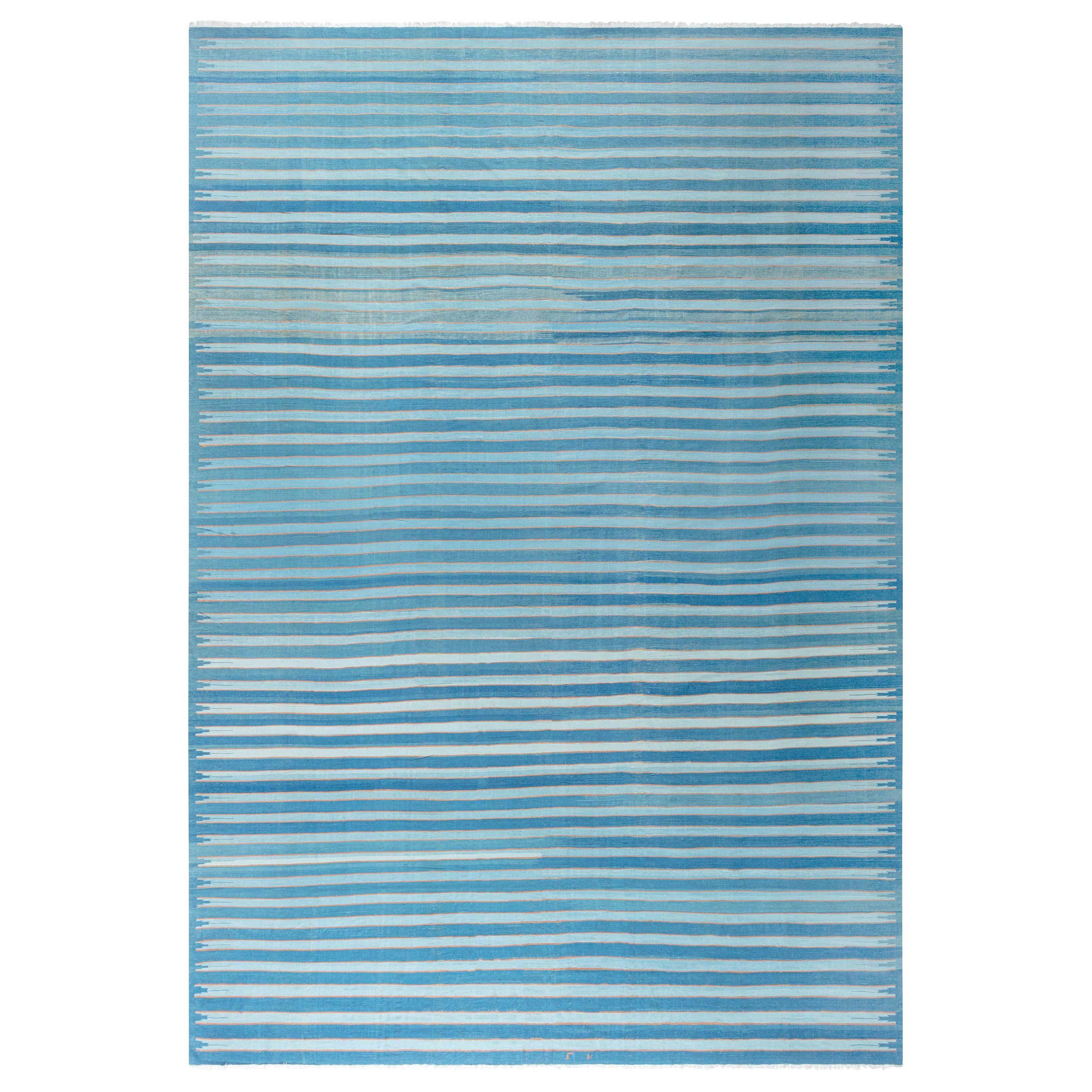 Doris Leslie Blau Vintage Indian Dhurrie Striped Blue Rug
