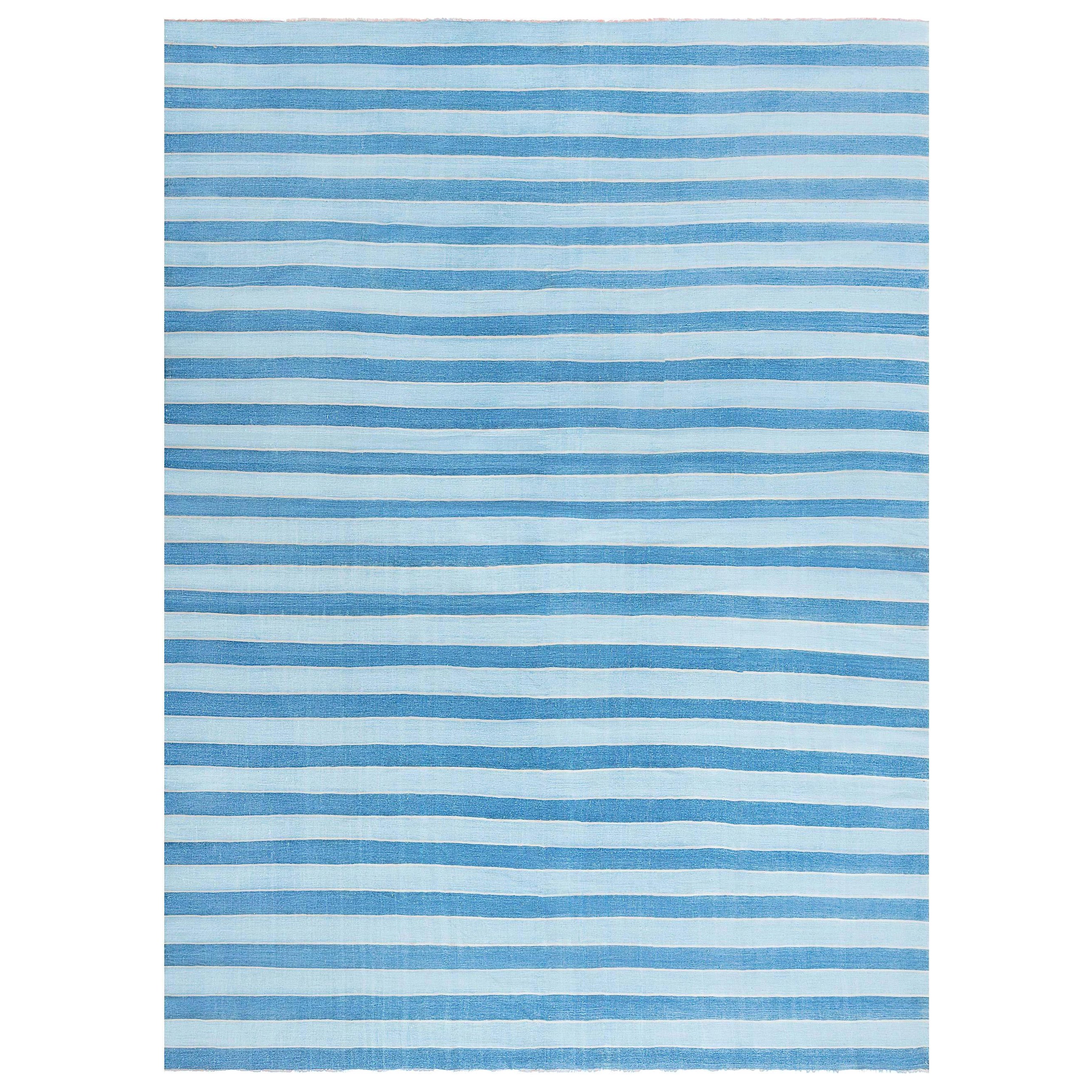 Doris Leslie Blau Vintage Indian Dhurrie Striped Blue Rug